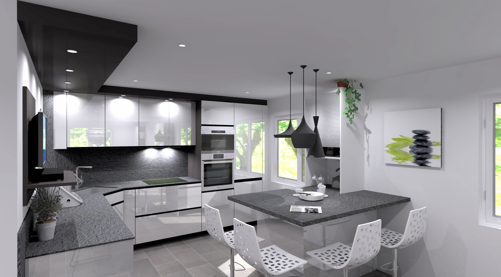 Cuisine moderne avec comptoir en granit gris, armoires blanches brillantes, mur en pierre noire, fenêtres laissant entrer la lumière naturelle, et décoration minimaliste avec tableau d'eau et plantes vertes.