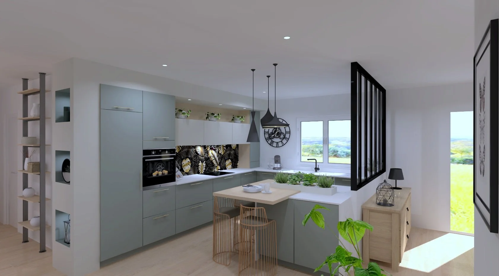 Cuisine moderne avec armoires vert pastel, fenêtre offrant une vue de la campagne, table d'appoint en bois et plantes vertes.
