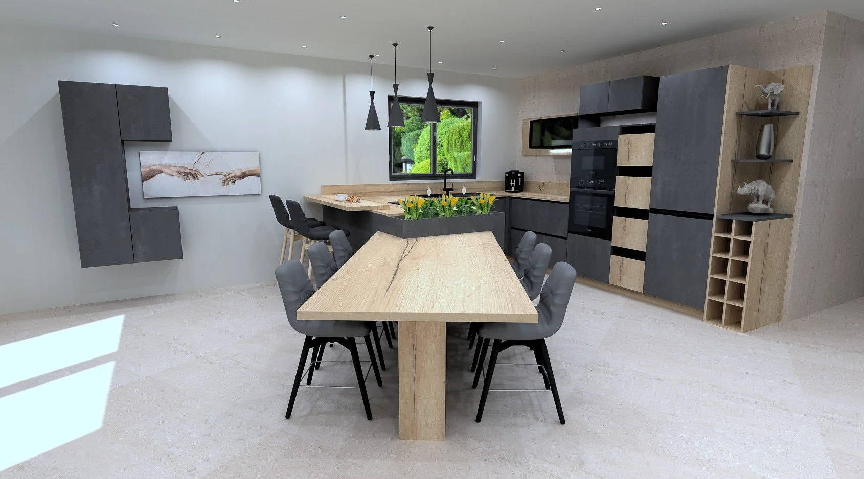 Cuisine moderne avec un grand plan de travail en bois clair, chaise en bois et en tissu gris, étagères noires et en bois, décoration avec des sculptures d'éléphants, un tableau abstrait représentant deux mains se touchant, vue sur un jardin verdoyant