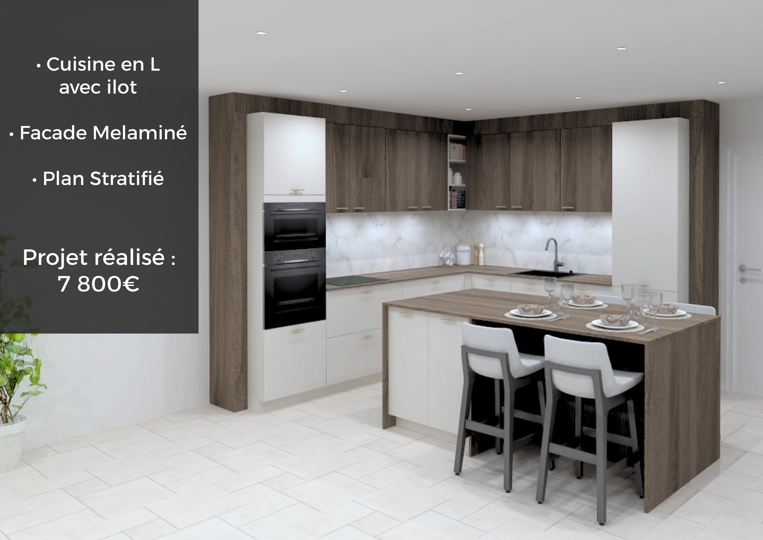 Cuisine moderne en marqueterie de bois et plan stratifié avec comptoir en bois naturel, espaces de rangement en mélaminé blanc, îlot central avec set de vaisselle, chaises de bar blanches, fond mural en marbre blanc, lumineux plafond avec spots intégrés.