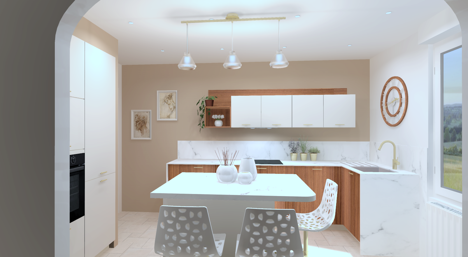 Cuisine moderne avec mobilier en bois blanc et accents en bois naturel, une table centrale blanche, chaises en plastique blanc perforé, décor minimaliste avec horloge en bois, plantes, et éléments décoratifs, vue sur la campagne par la fenêtre.