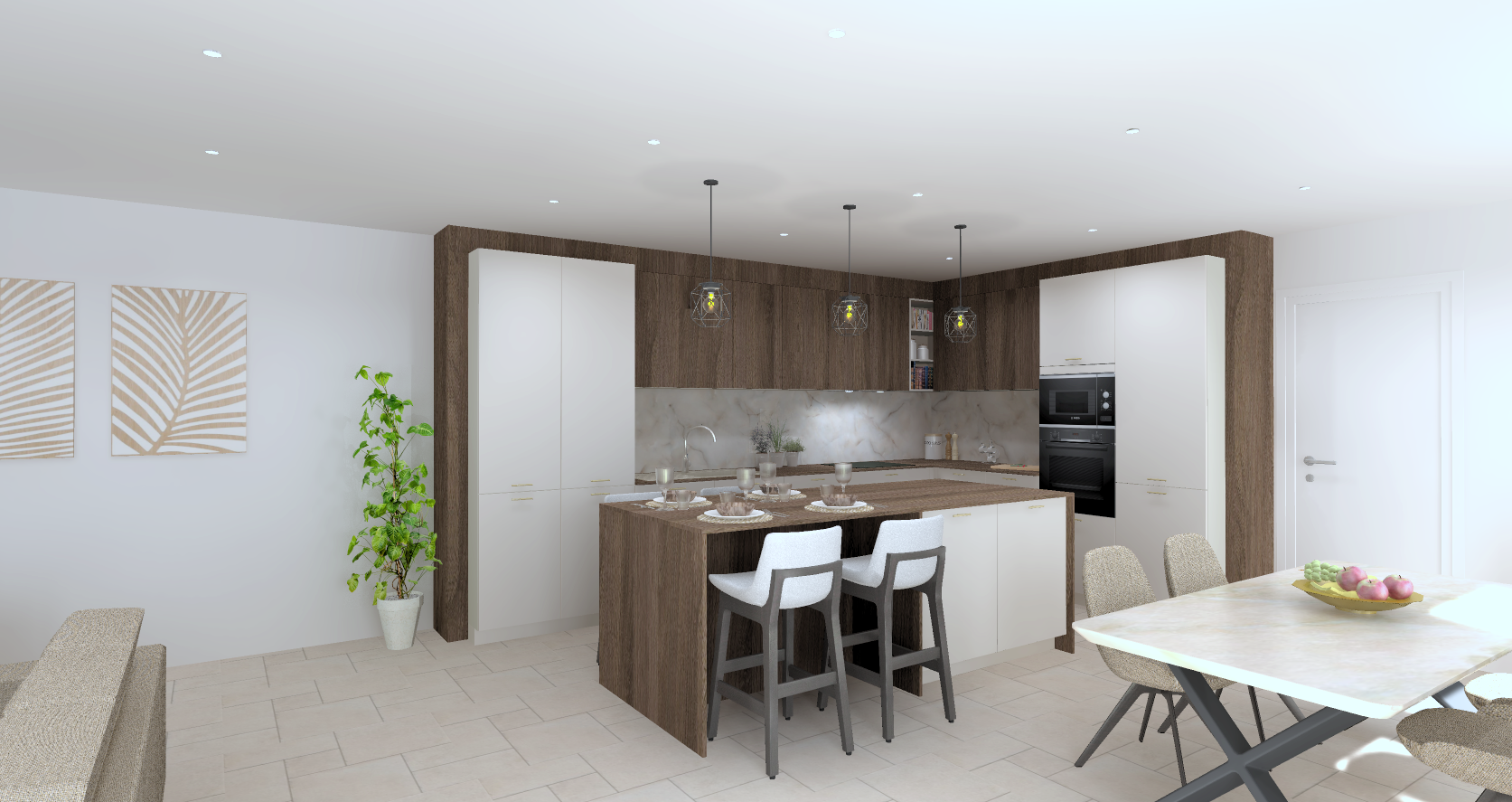 Cuisine moderne avec ilot central en bois, chaises blanches, salle à manger avec plateau en blanc avec fruits, décor minimaliste, plantes vertes, mur en bois et blanc, luminaire suspendu au plafond.