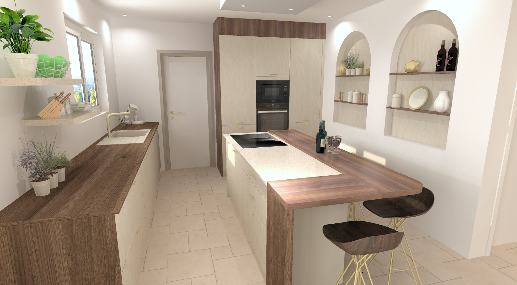 Cuisine moderne avec plan de travail en bois, fenêtre, étagères décoratives, et une kitchenette avec plaques de cuisson