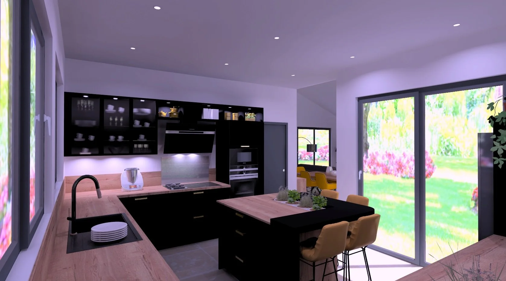 Cuisine moderne avec plan de travail en bois, étagères noires vitrées, îlot central avec plantes décoratives, grande baie vitrée donnant sur un jardin fleuri et verdoyant, et une salle à manger à l'arrière.