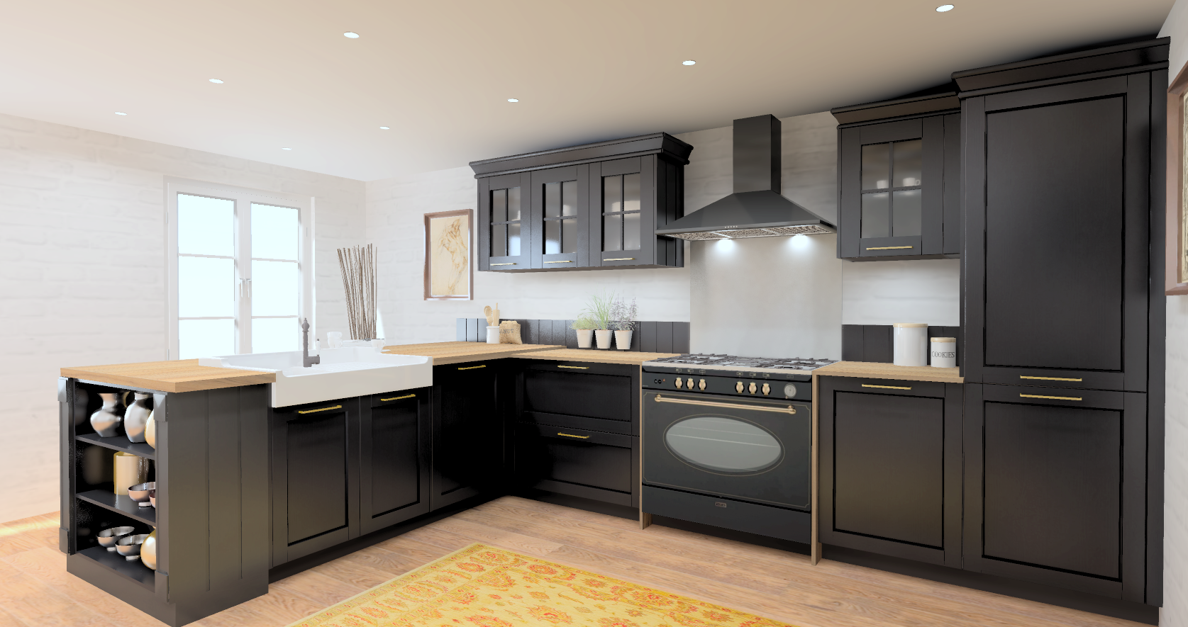 Cuisine moderne avec armoires noires, plan de travail en bois, évier blanc, cuisinière noire, hottes en acier, fenêtres lumineuses, décor simple, plantes et accessoires de cuisine.