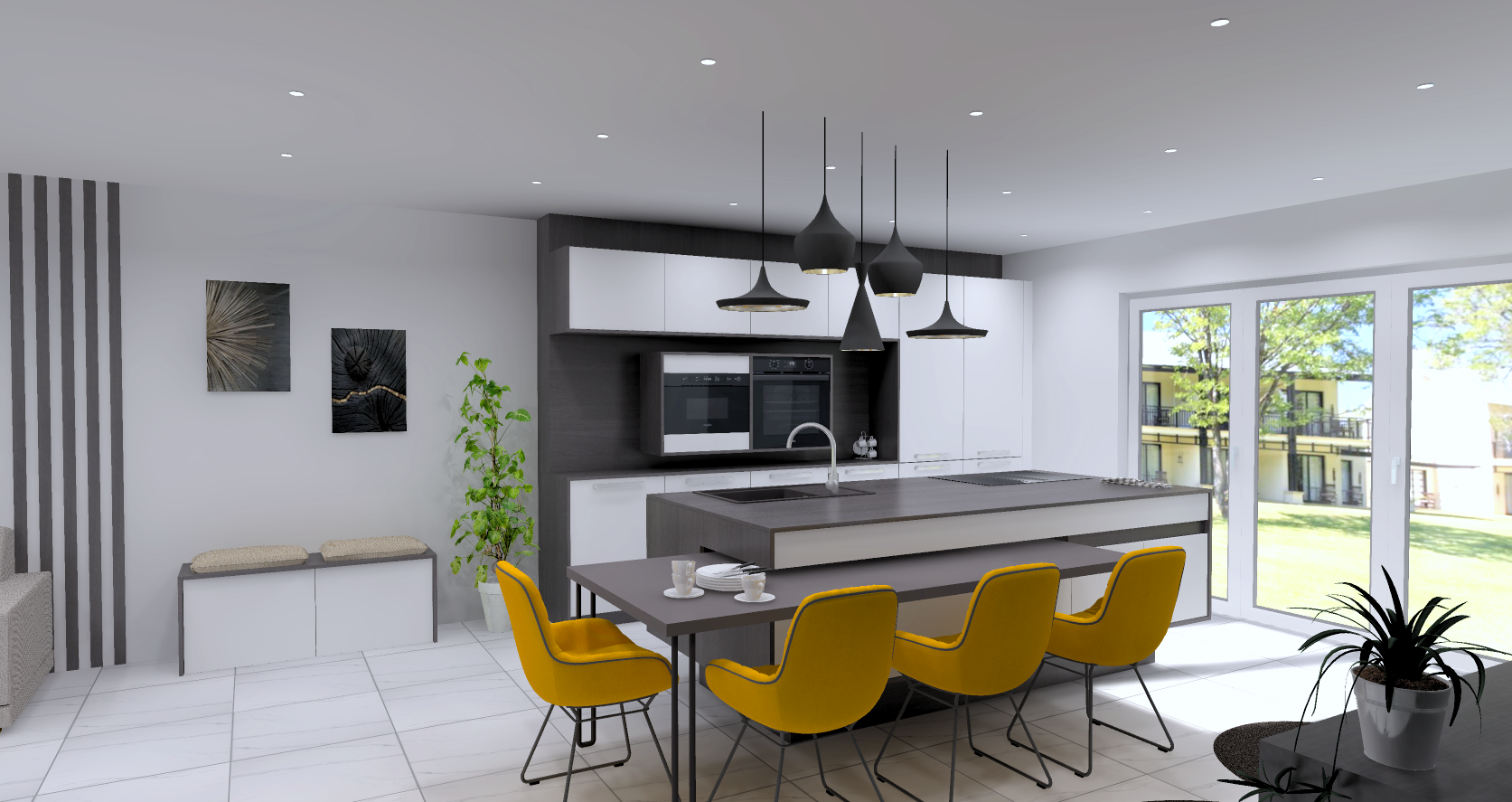 Cuisine moderne avec un îlot central, chaises jaunes, armoires blanches, grand miroir avec vue sur jardins, décorations minimalistes, fenêtres lumineuses.