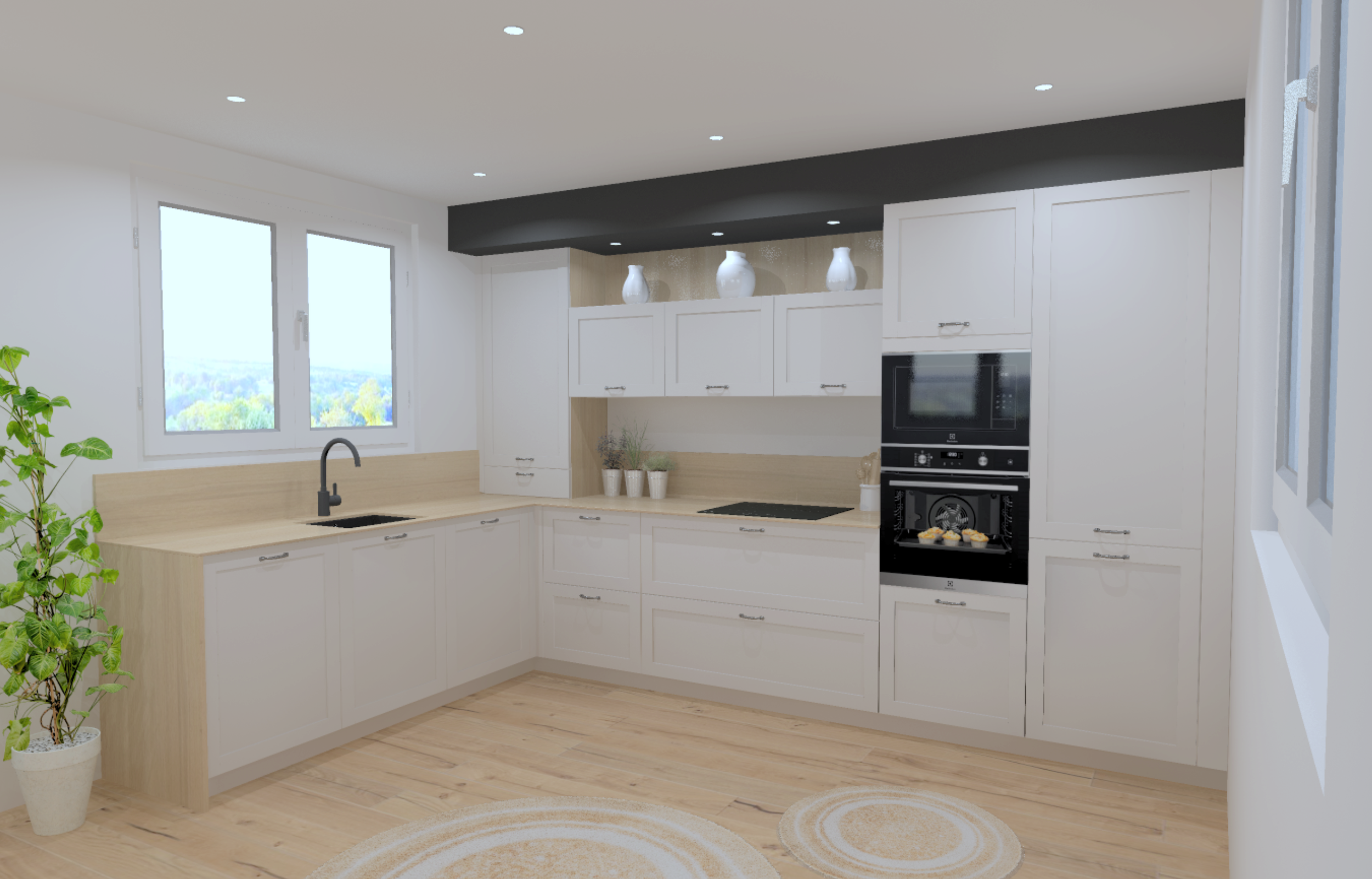 Cuisine moderne avec meubles blancs, plans en bois clair, fenêtres donnant sur un paysage, plantes décoratives, et appareils électroménagers intégrés.