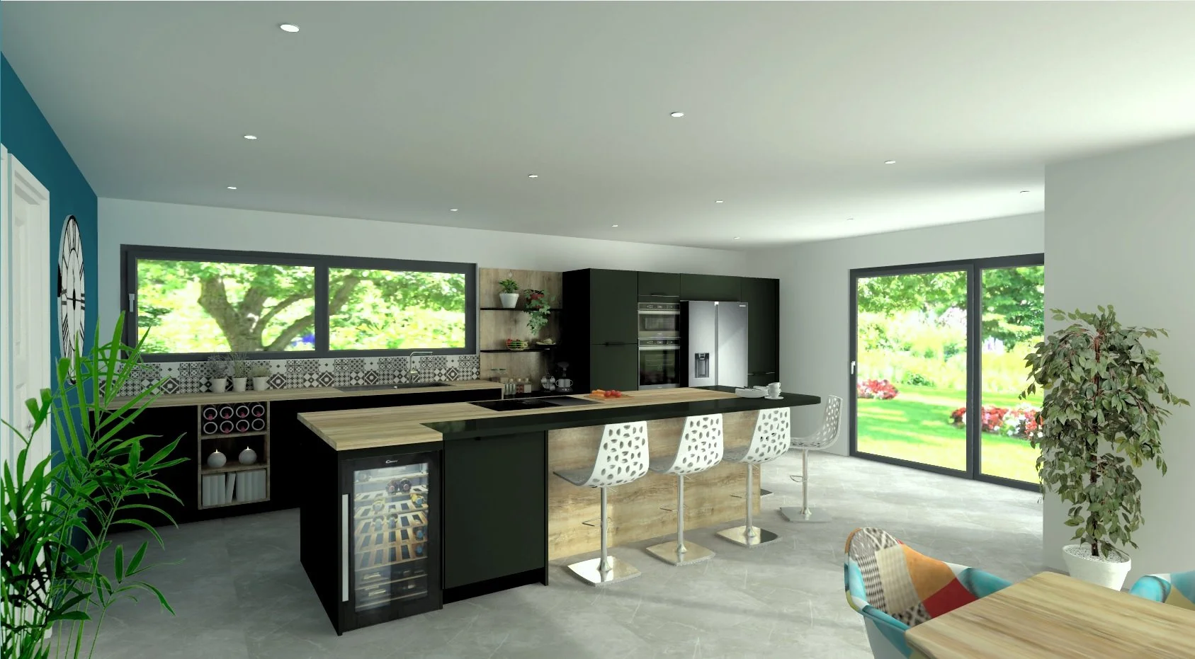 Cuisine moderne avec grande fenêtre, plan de travail en bois, chaises blanches et un arbre d'intérieur