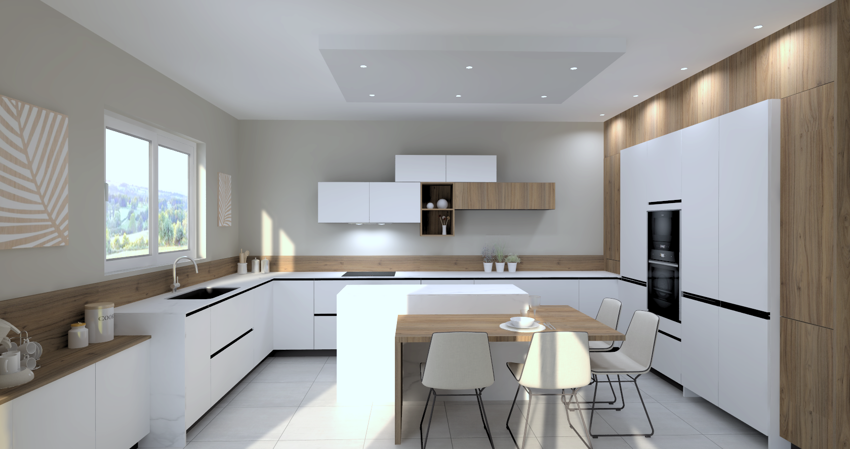 Cuisine moderne avec fenêtres, comptoirs en bois, armoires blanches, table en bois avec quatre chaises, décor minimaliste, plantes, ouvriers encastrés et éclairage intégré.