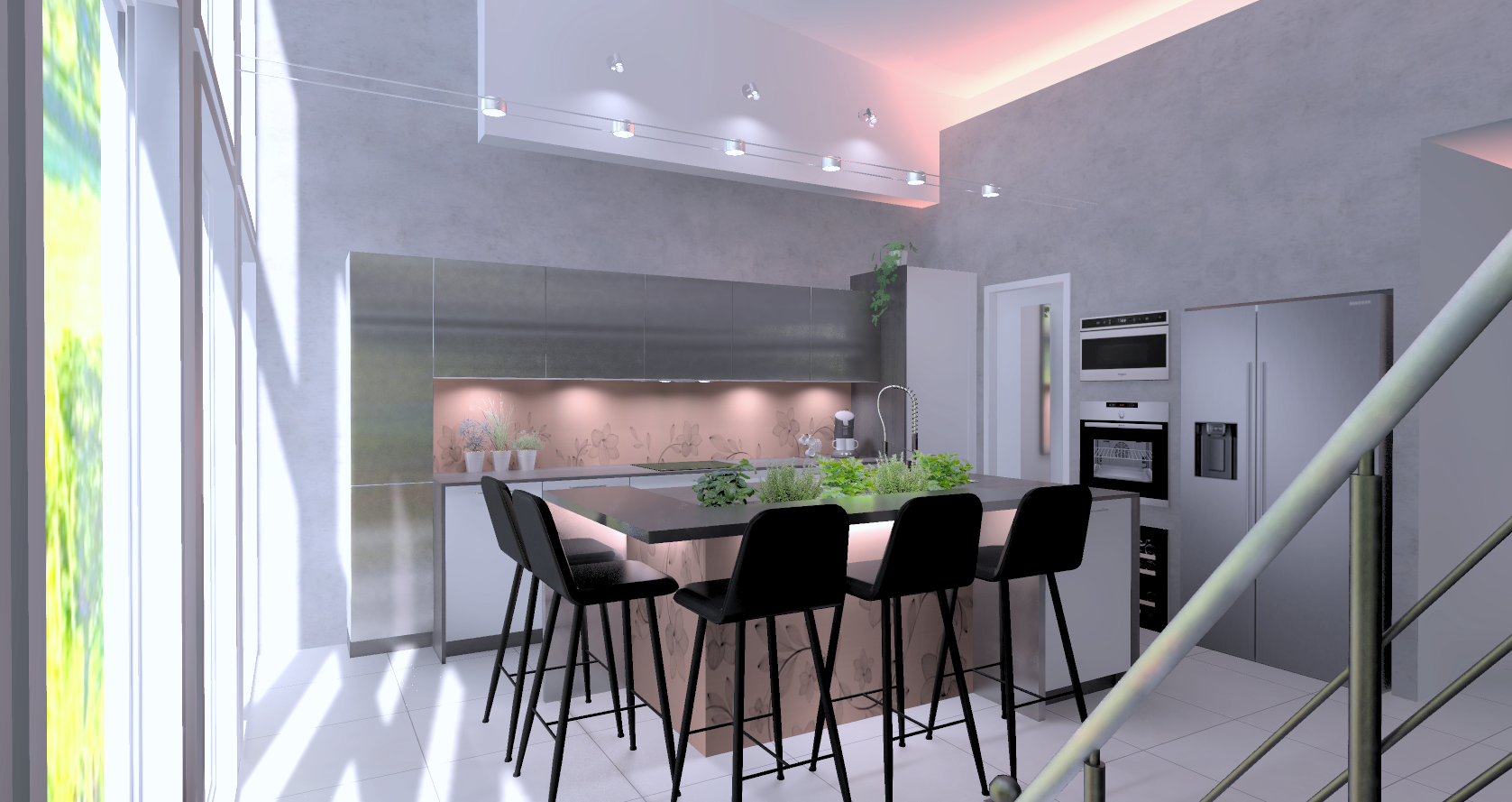 Cuisine moderne avec îlot central, chaises noires, et appareils encastrés.