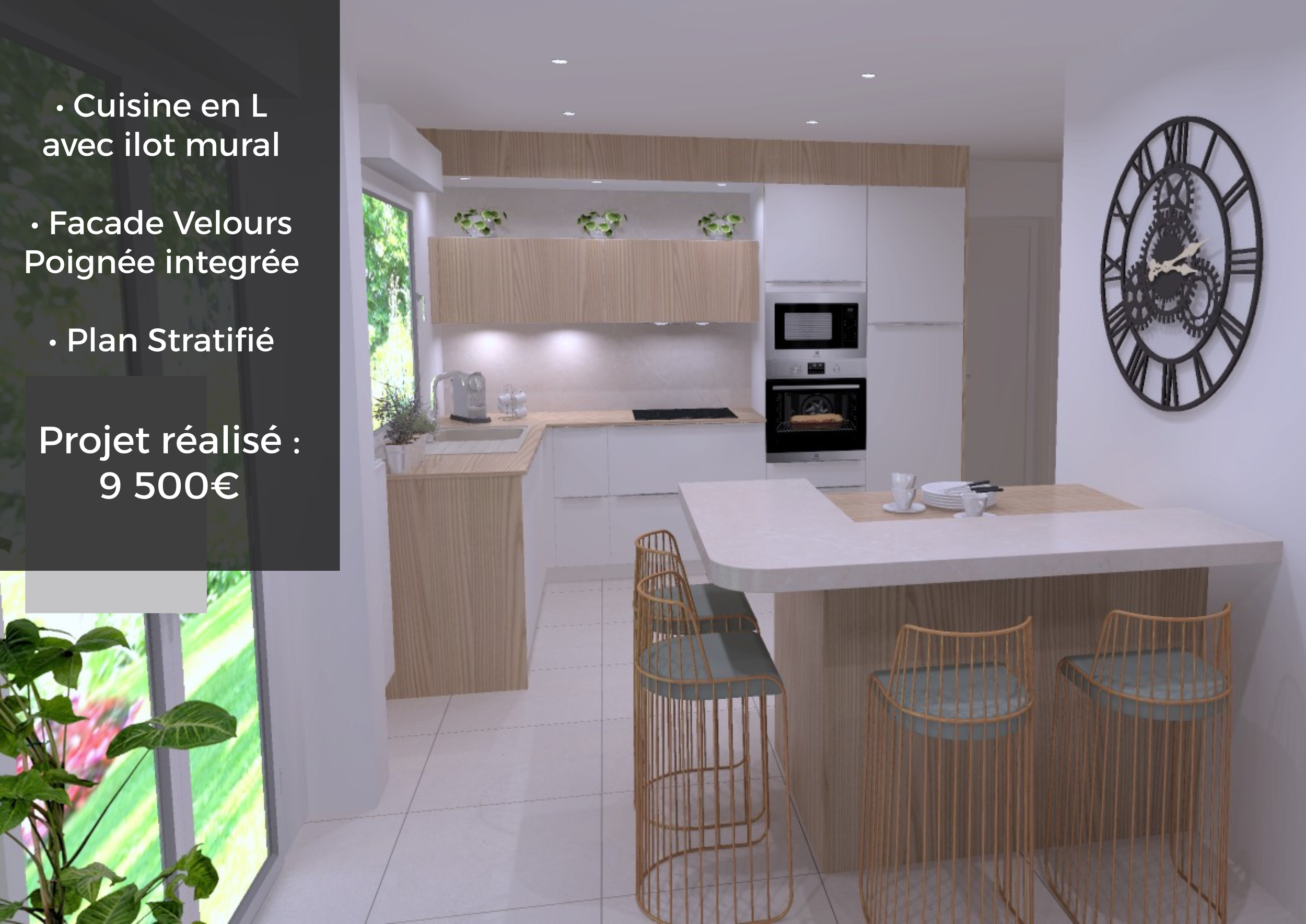 Cuisine moderne en L avec mur mural en lambris, façade en velours avec poignée intégrée, plan stratifié, dans une cuisine blanche et bois claire avec un grand horloge murale design