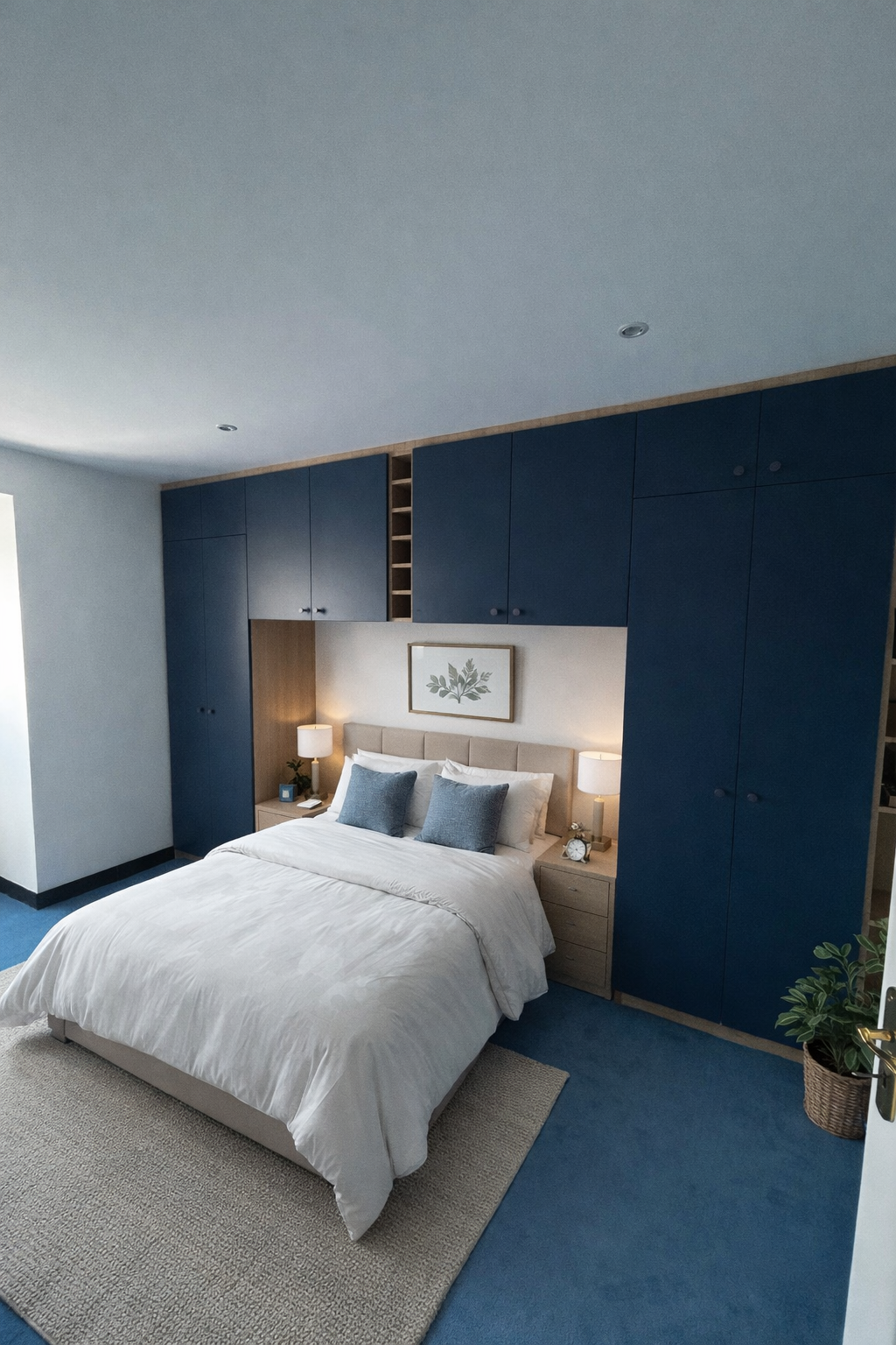 Une chambre à coucher moderne avec un lit, des tables de chevet, des lampes, un tableau décoratif et des armoires bleues encadrant un espace de rangement