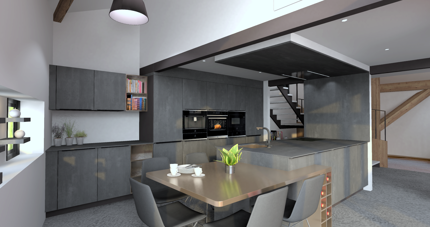 Cuisine moderne avec table à manger, cans, étagères ouvertes, plantes, et escaliers en bois.