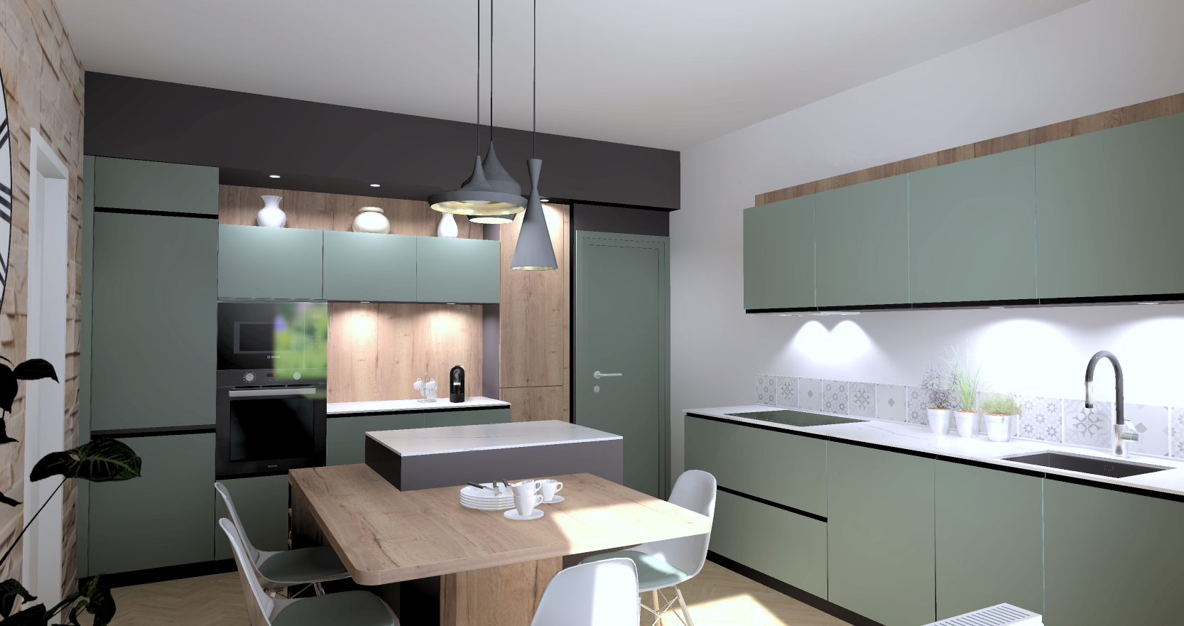 Cuisine moderne avec armoires vertes, comptoirs blancs, évier double, table en bois, chaises blanches, éclairage suspendu et décor de plantes.