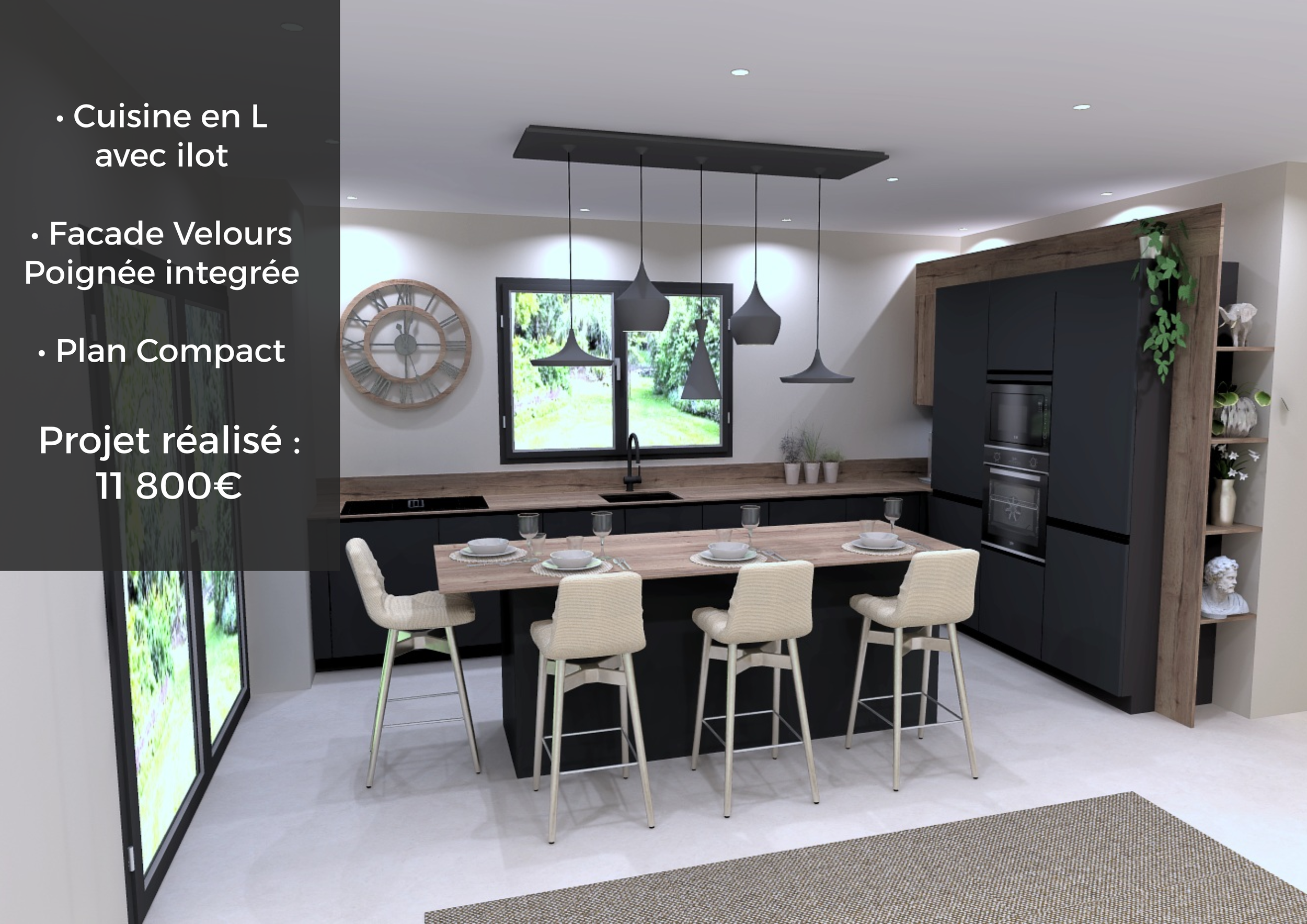 Cuisine moderne avec îlot central, grand fenêtre donnant sur le jardin, appareils encastrés, étagères avec des sculptures, et touches de bois dans le design.