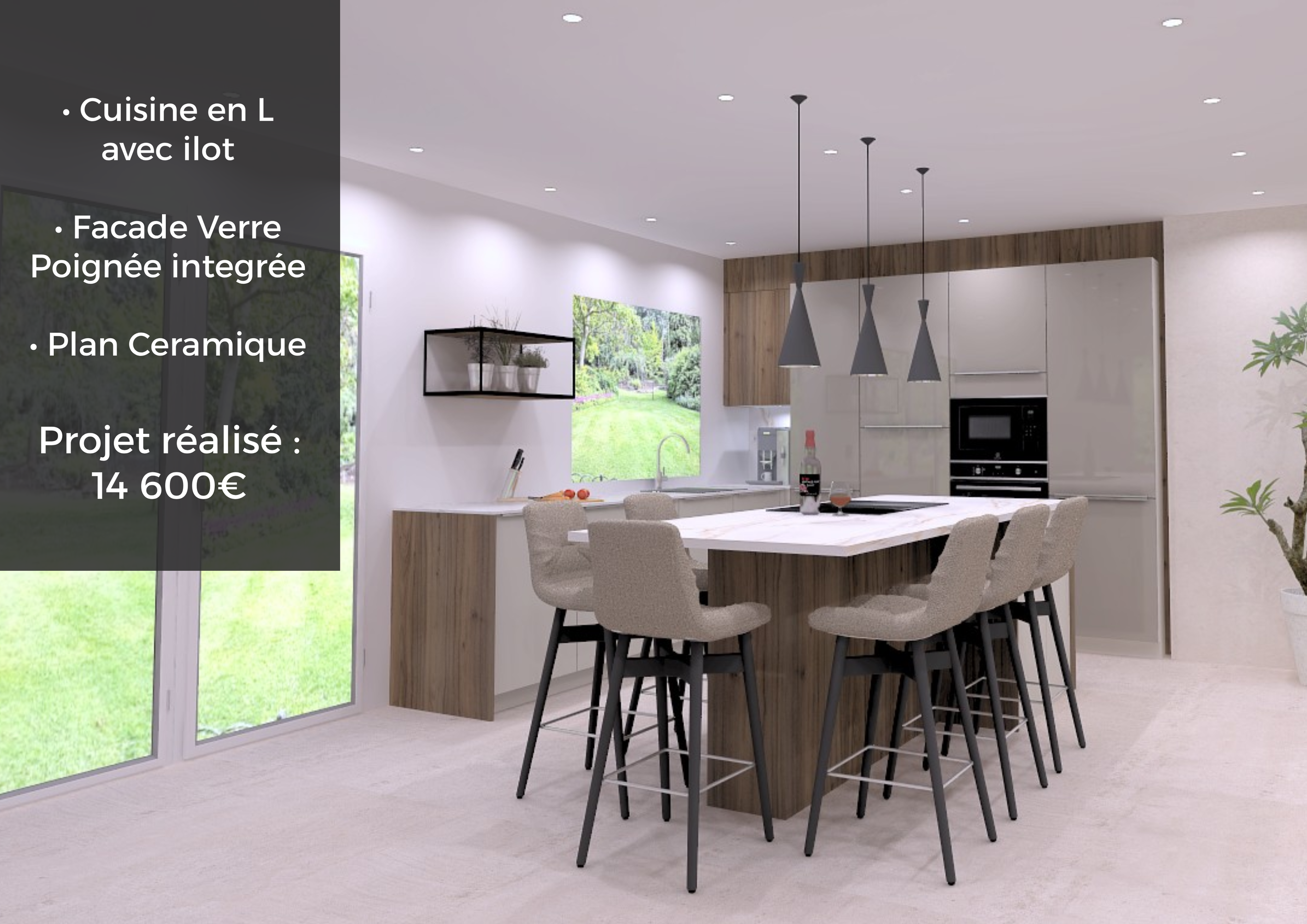 Cuisine moderne en L avec îlot central, plan en marbre, façades en verre avec poignées intégrées, dans une cuisine lumineuse avec vue sur le jardin.