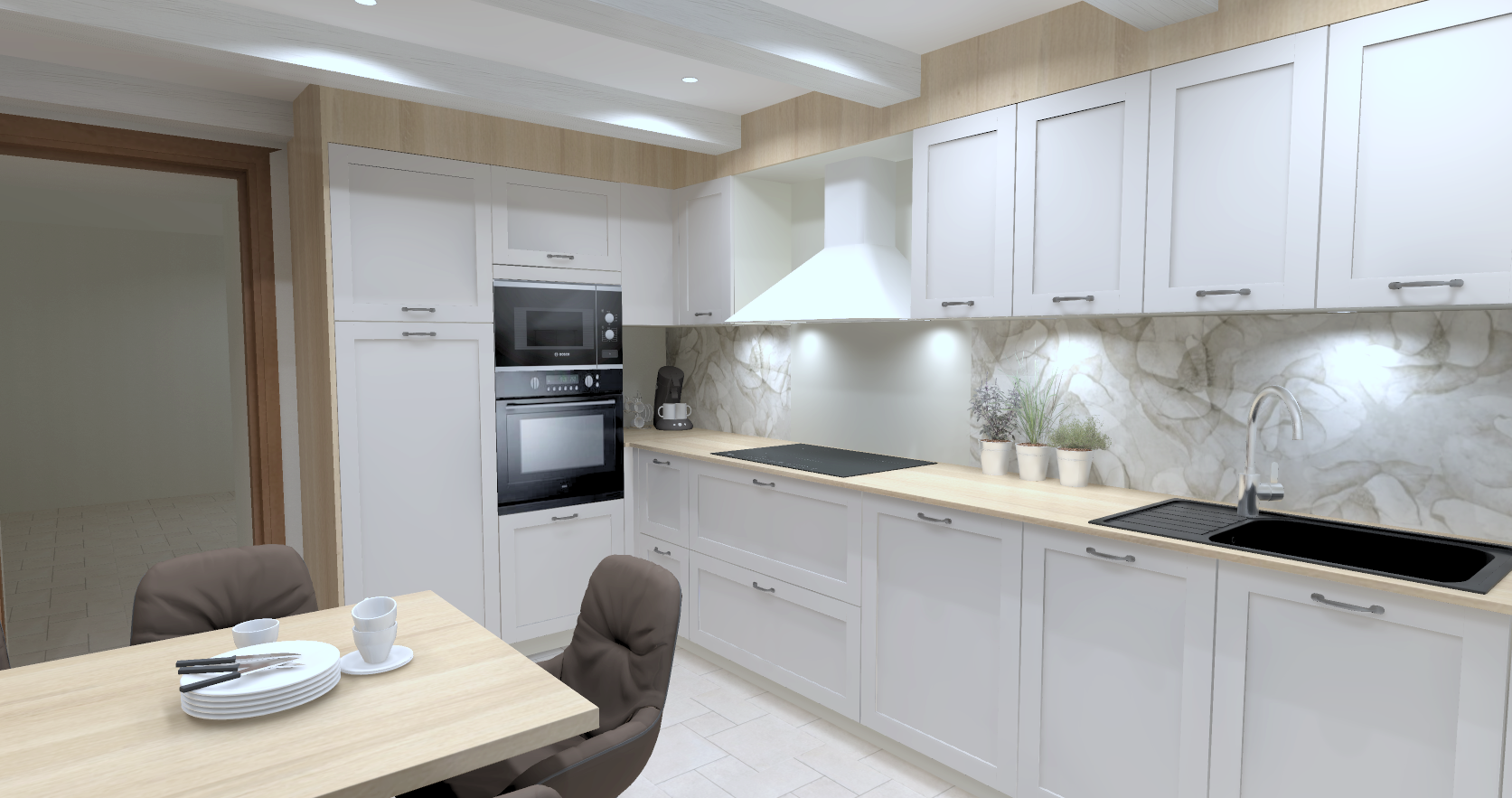 Cuisine moderne avec plans en marbre, armoires blanches, évier noir, table en bois avec chaises en vinyle, plantes en pots, four encastré et micro-ondes, éclairage intégré.