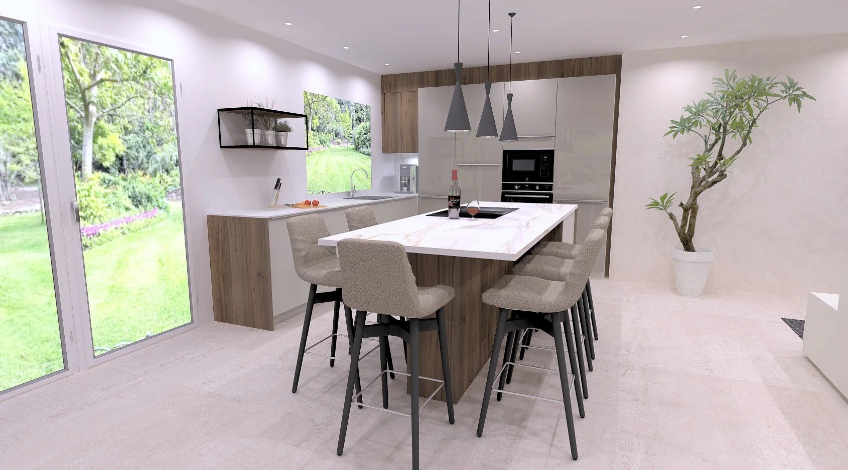 Cuisine moderne avec îlot central en marbre, chaises beige, grande fenêtre donnant sur un jardin vert, meubles en bois clair, plantes décoratives, mur blanc avec un panneau en bois.