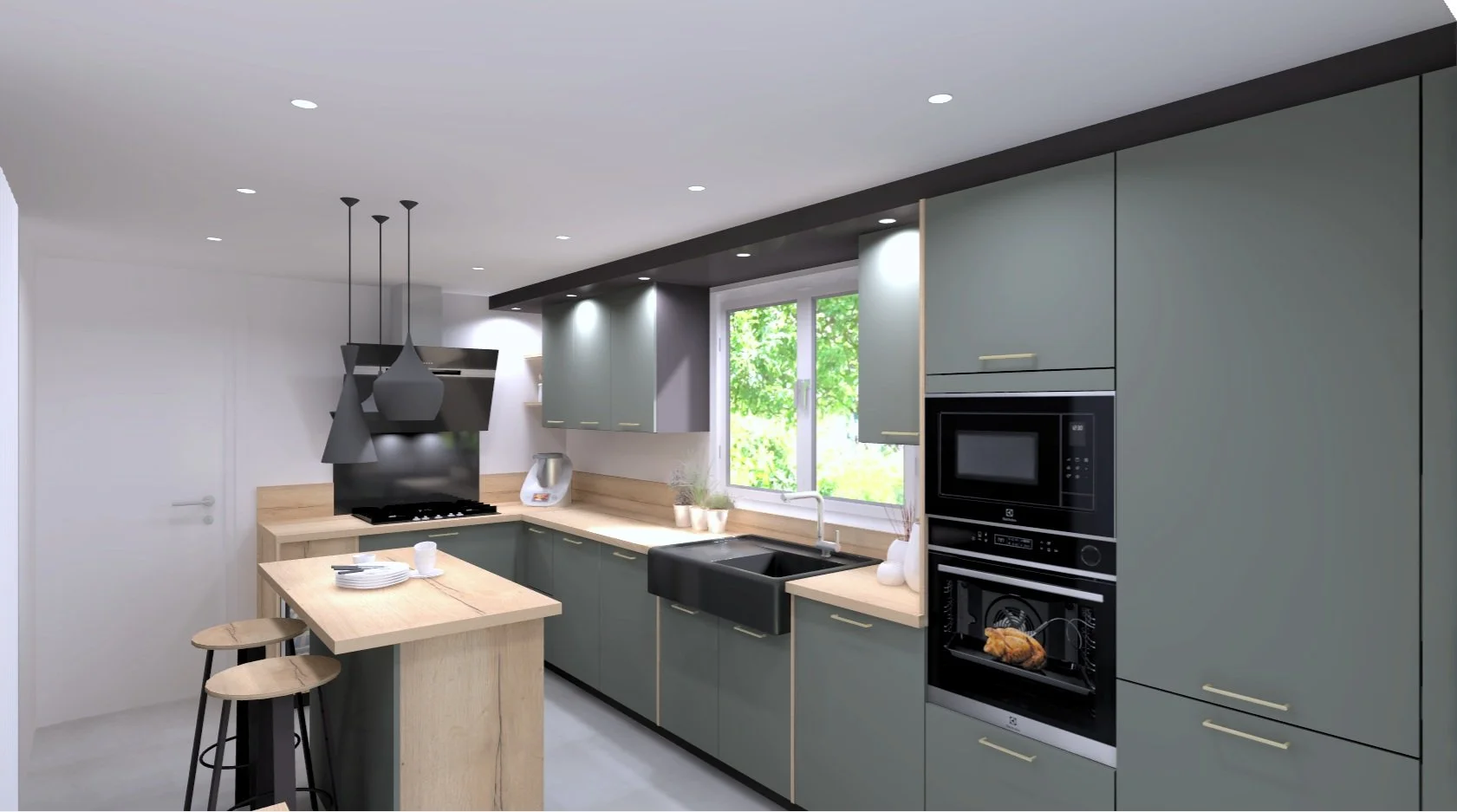 Cuisine moderne avec armoires vert pastel, plan de travail en bois clair, évier noir, four micro-ondes intégré, fenêtre avec vue sur arbre, ilot de cuisine avec tabourets en bois, décor minimaliste avec vaisselle blanche et plantes.