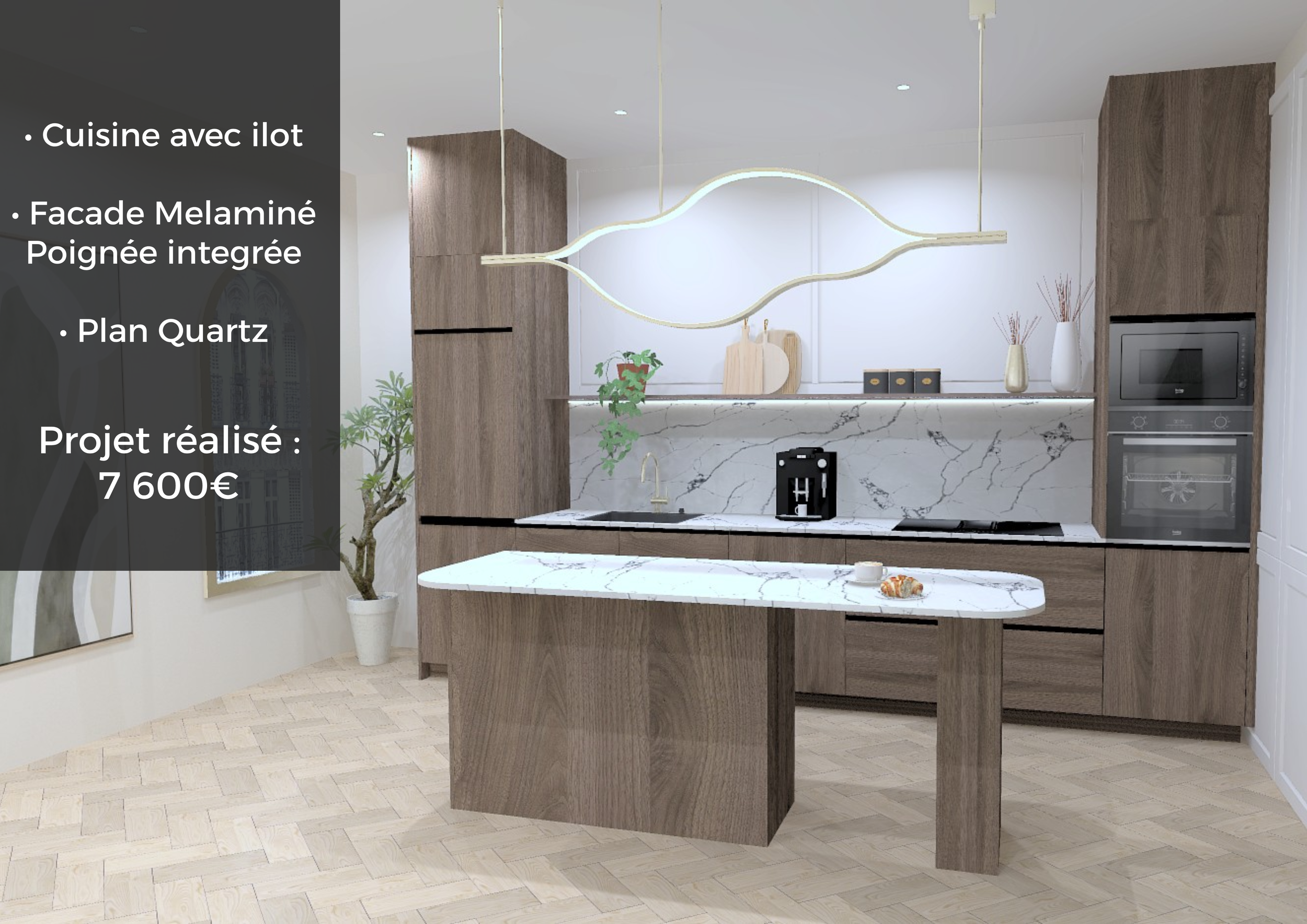 Cuisine moderne avec ilot en bois avec plan quartz blanc, façade en mélaminé avec poignée intégrée, équipée d'appareils encastrés et décorée avec des vases et des planches en bois, située dans un espace lumineux avec parquet en bois clair.
