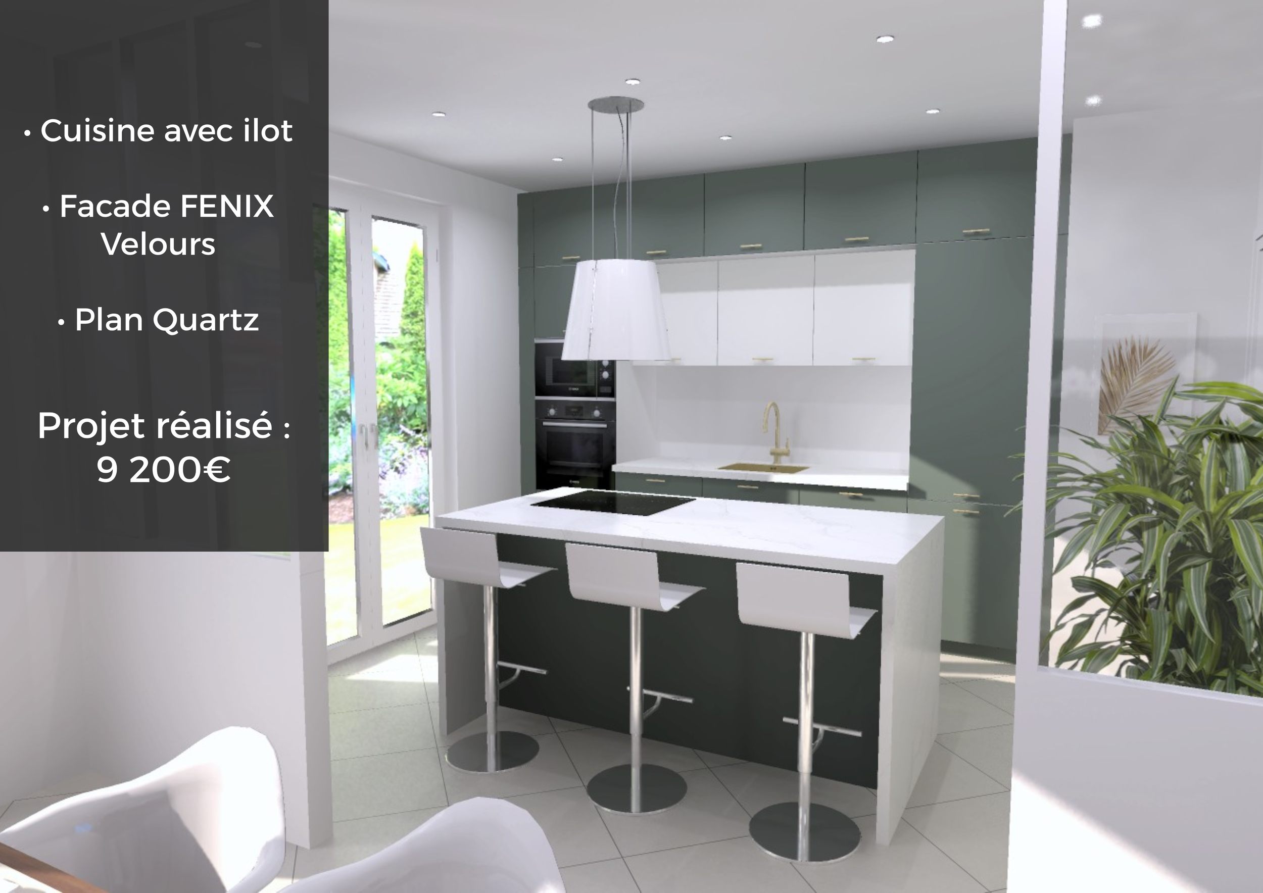 Cuisine moderne avec îlot central, façades FENIX Velours, plan quartz, standing épuré, avec deux chaises blanches à l'ilôt, vue sur jardin avec porte-fenêtre.