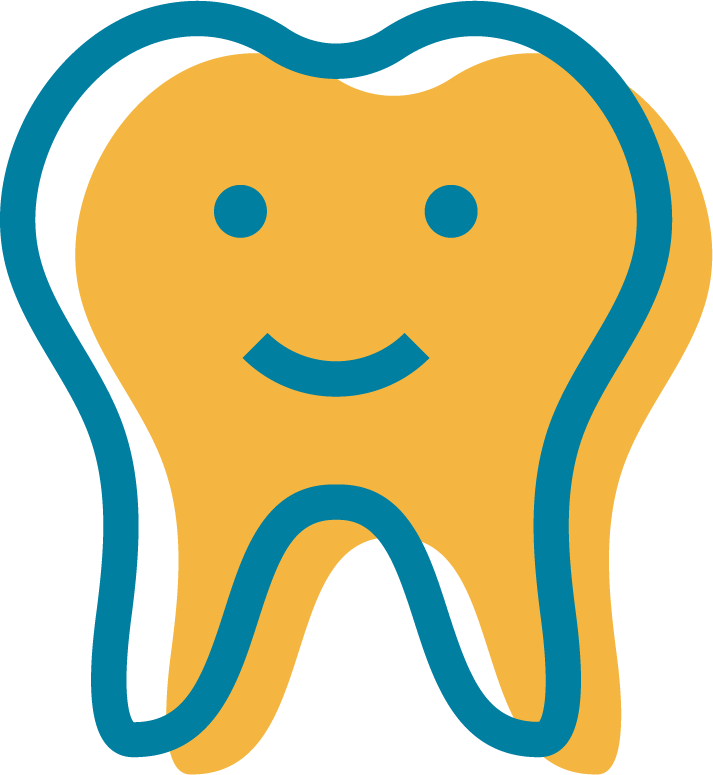 A cartoon illustration of a smiling tooth with a yellow color, outlined in blue.