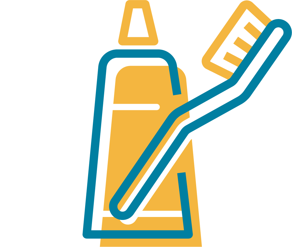 Icon of a brown and yellow toothpaste tube, a toothbrush, and a blue toothpaste cap.