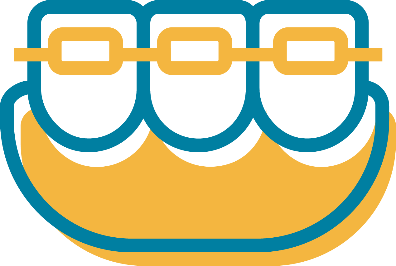 Illustration of a gold and blue hot dog with three sausages in a bun, connected by a yellow chain.