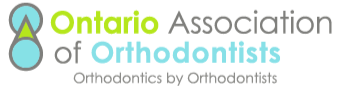 Logo of the Ontario Association of Orthodontists with a stylized green tooth and gray orthodontic band, and text in green, gray, and blue.
