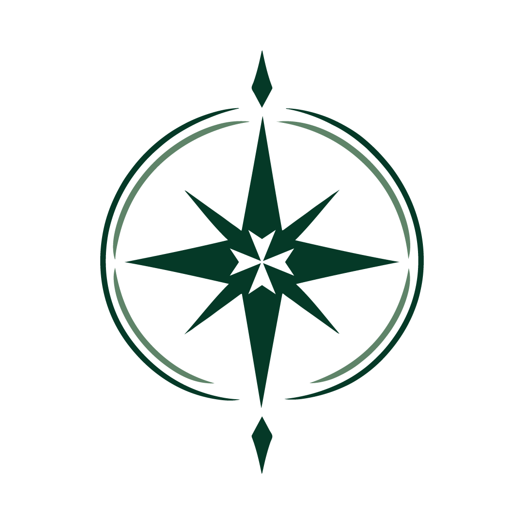 A dark green compass rose design with a circular outline and eight points on a transparent background.