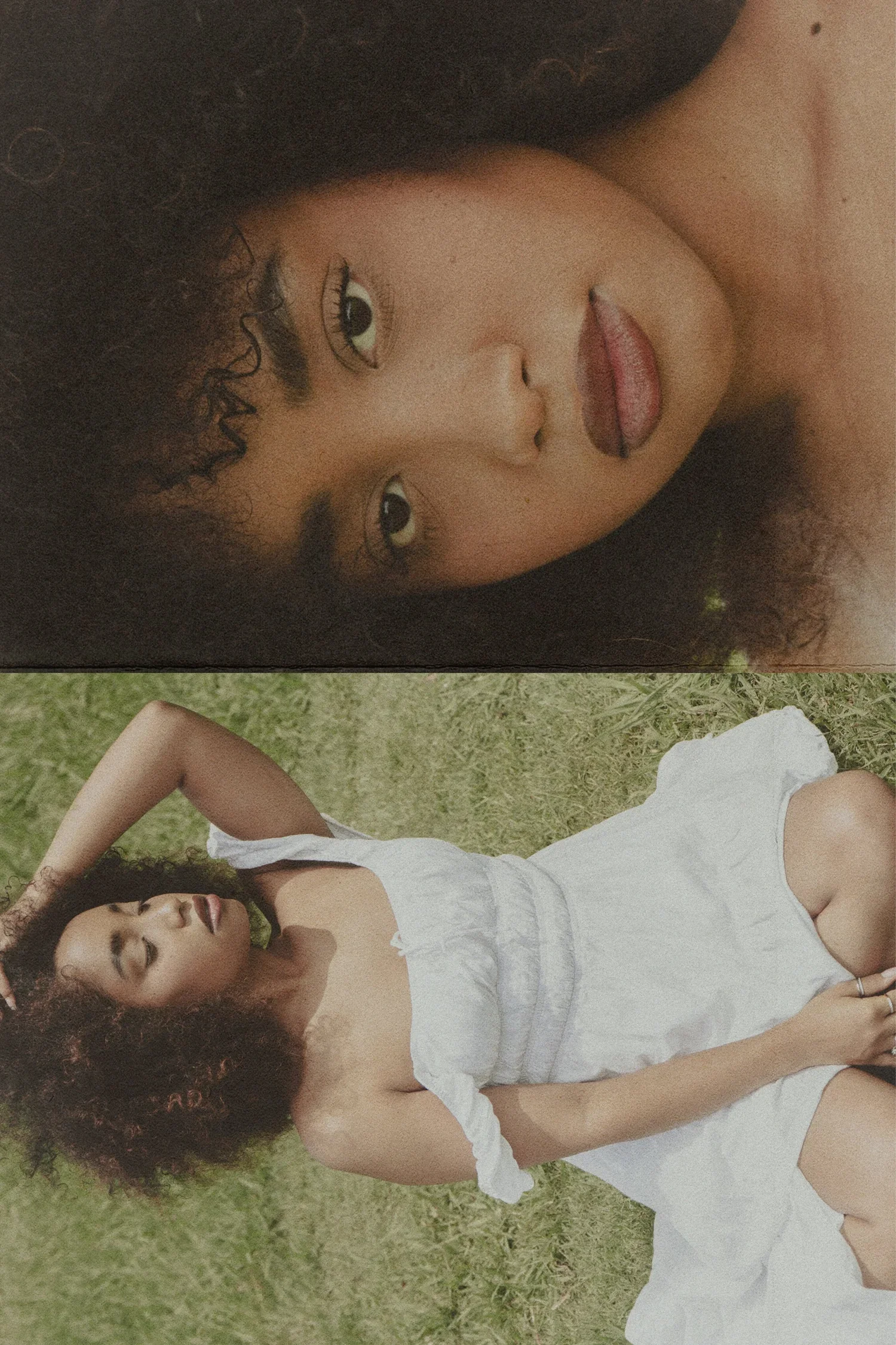 A woman with curly hair lying on the grass in a white dress, with her eyes closed and one arm resting behind her head.