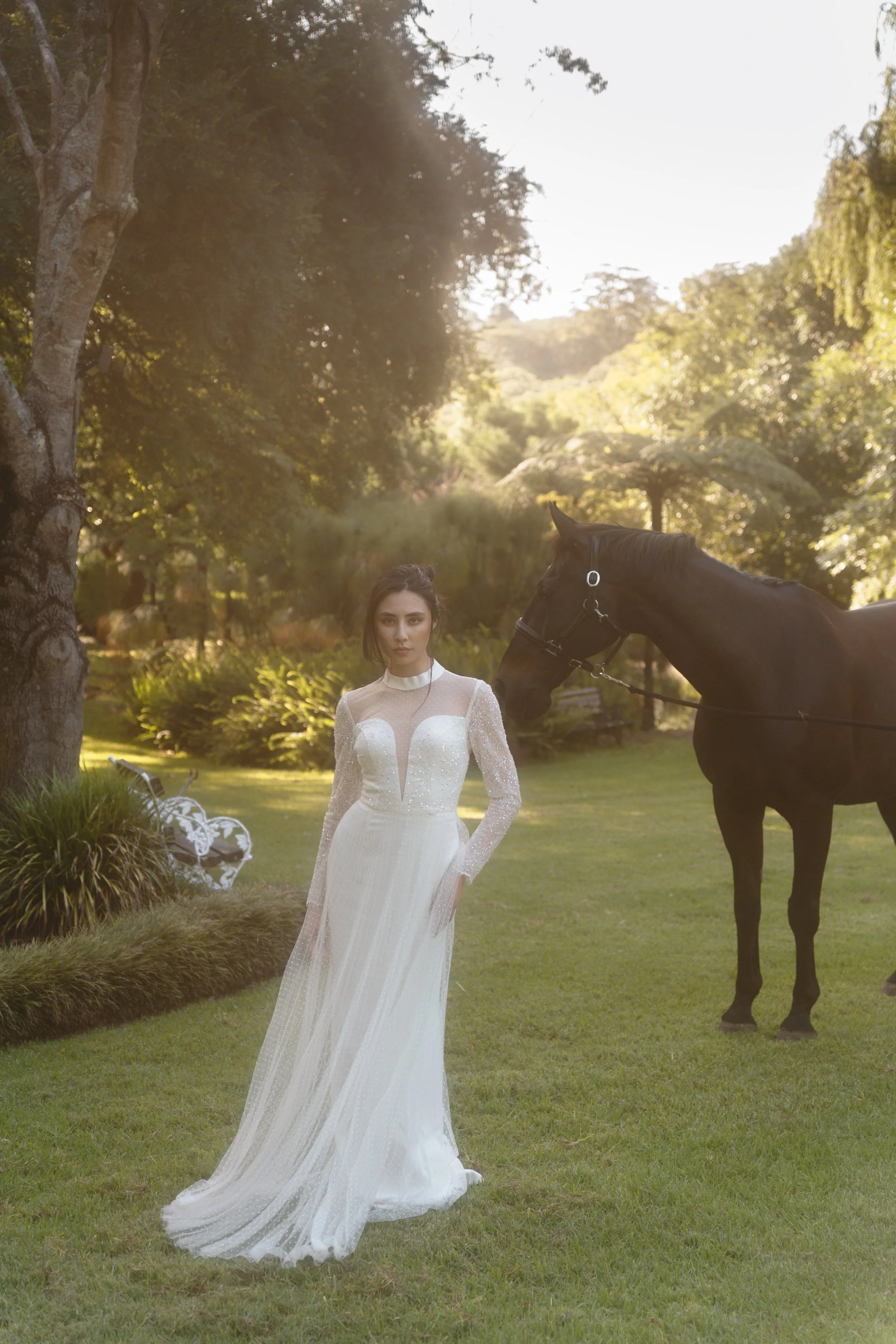 A woman in a long white wedding dress stands on a grassy field next to a black horse, with trees and greenery in the background during sunlight.