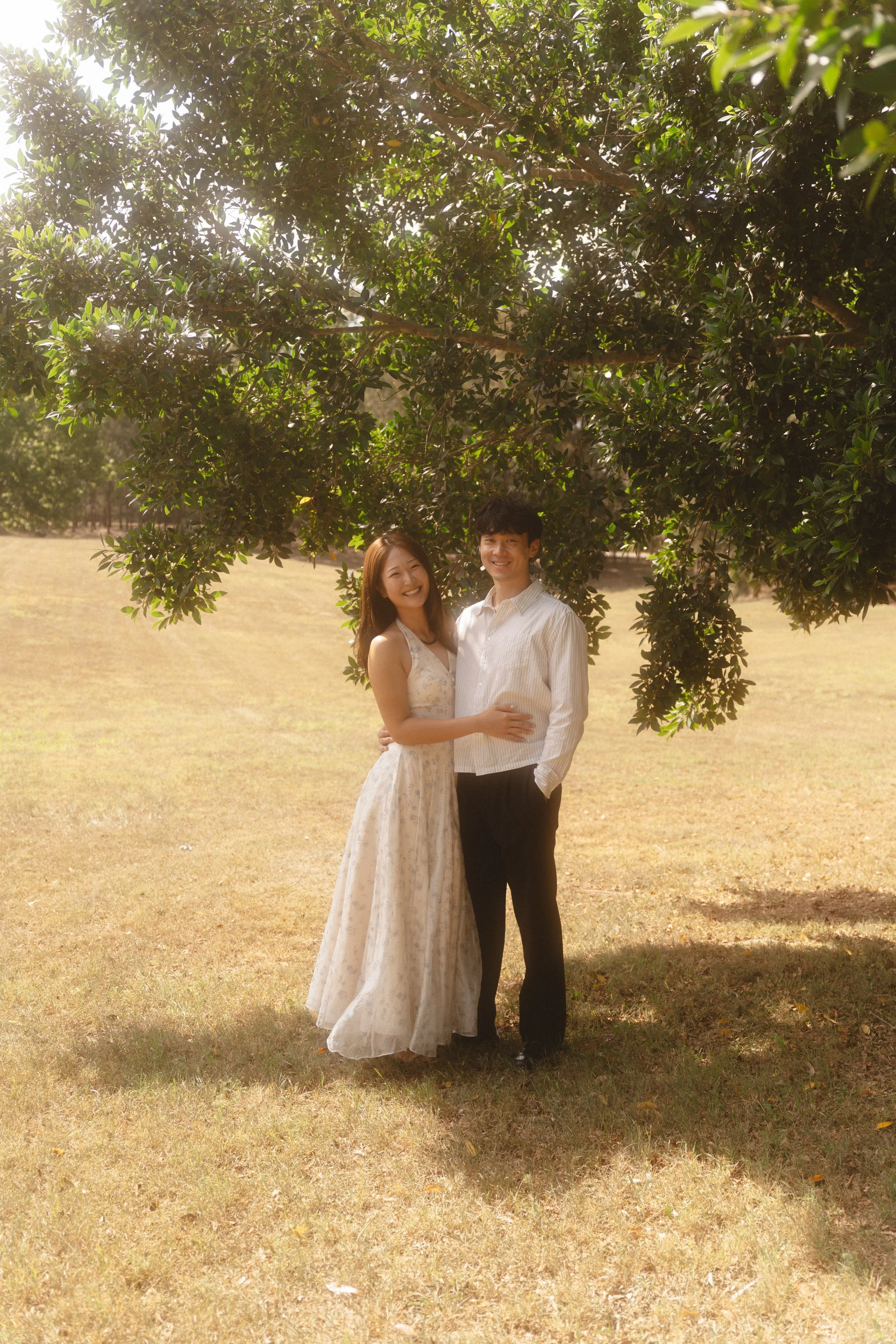 A young couple standing under a large leafy tree in an open grassy area, smiling and embracing each other.