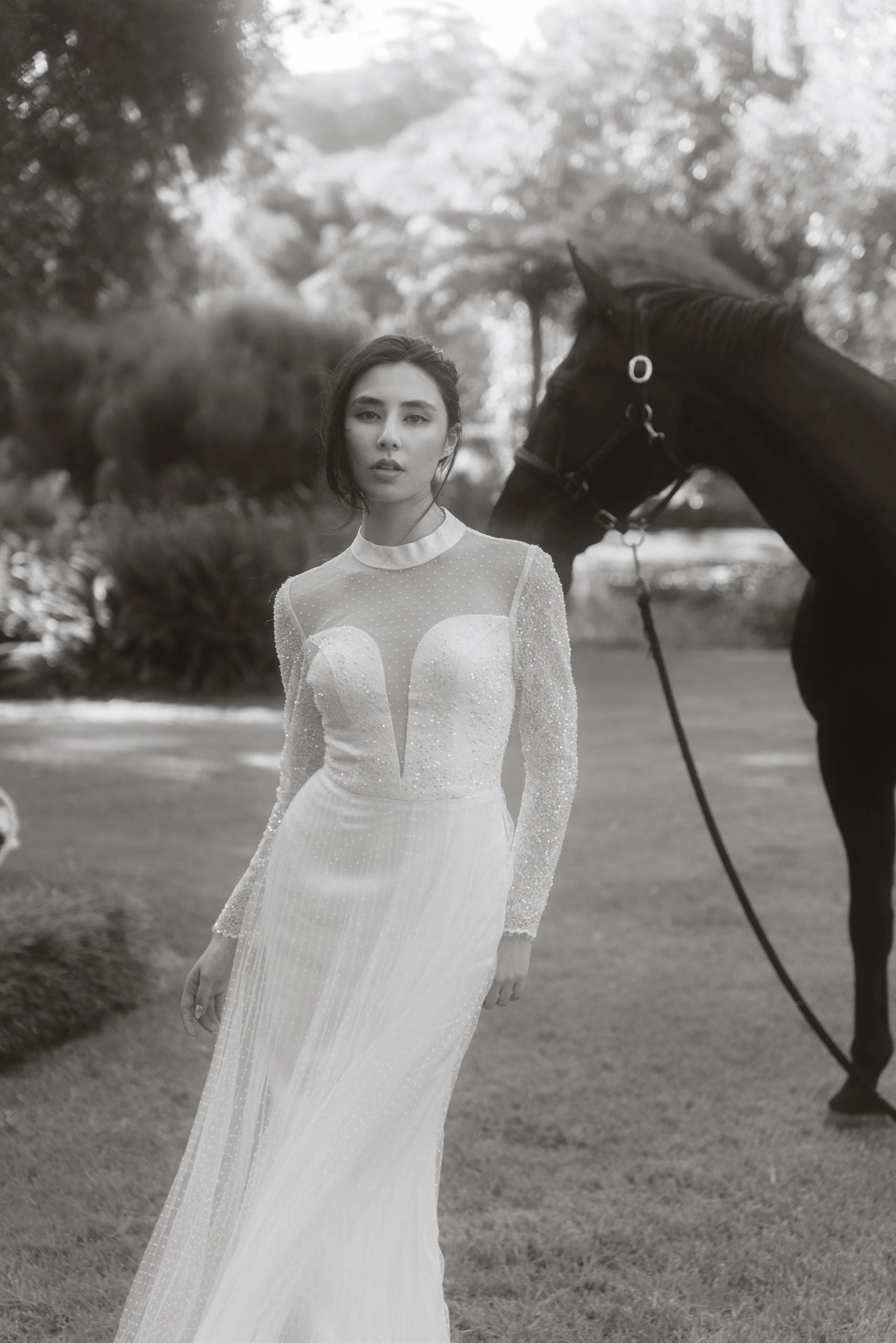 A woman in a long, elegant, sheer white dress with intricate details, standing outdoors next to a black horse.