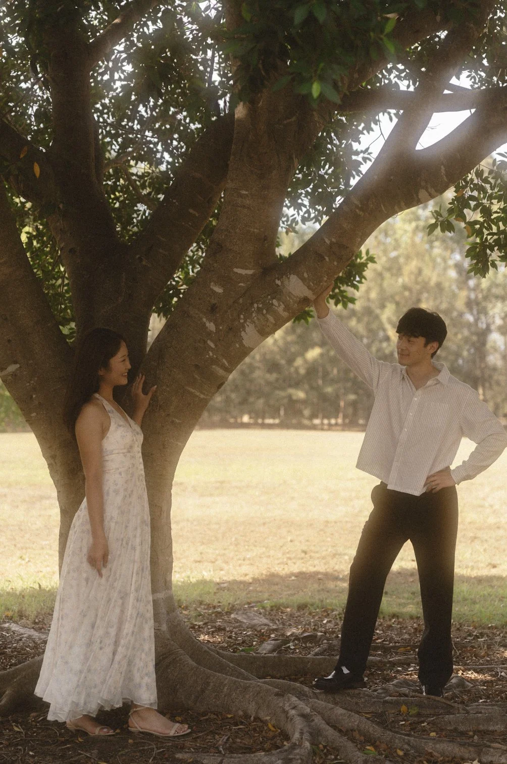 A woman in a white dress and a man in a striped shirt stand near a large tree. The man is touching a branch while the woman looks at him, smiling. The scene is outdoors on a sunny day.