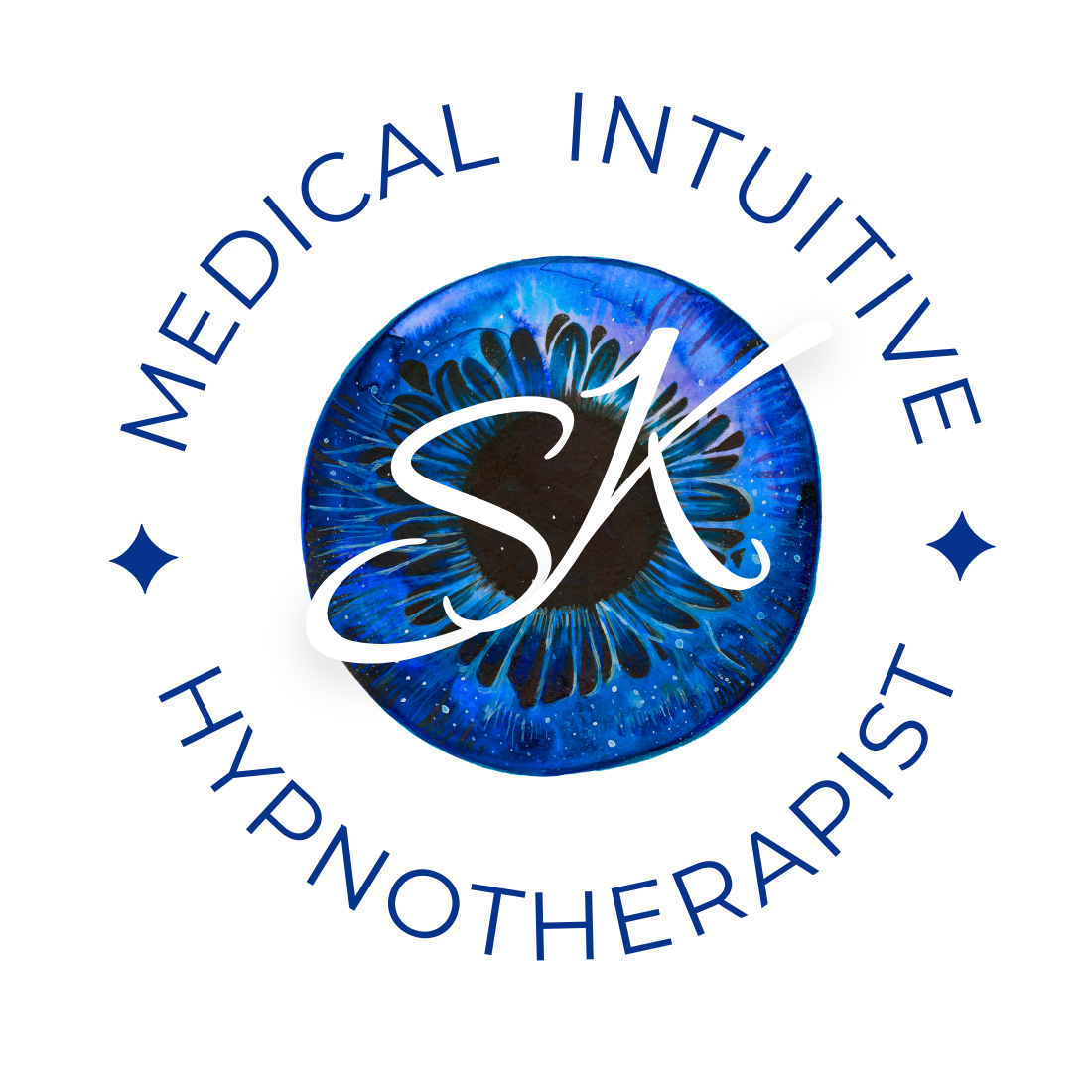 A digital graphic design featuring a blue eye with a stylized iris, overlaid with a white scripted letter 'S' and 'K', surrounded by a circular logo for medical intuition and hypnotherapy.