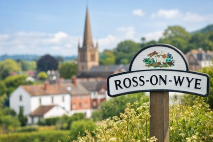 A sign reading 'ROSS-ON-WYE' with a church and a town in the background, set in a lush, green landscape.