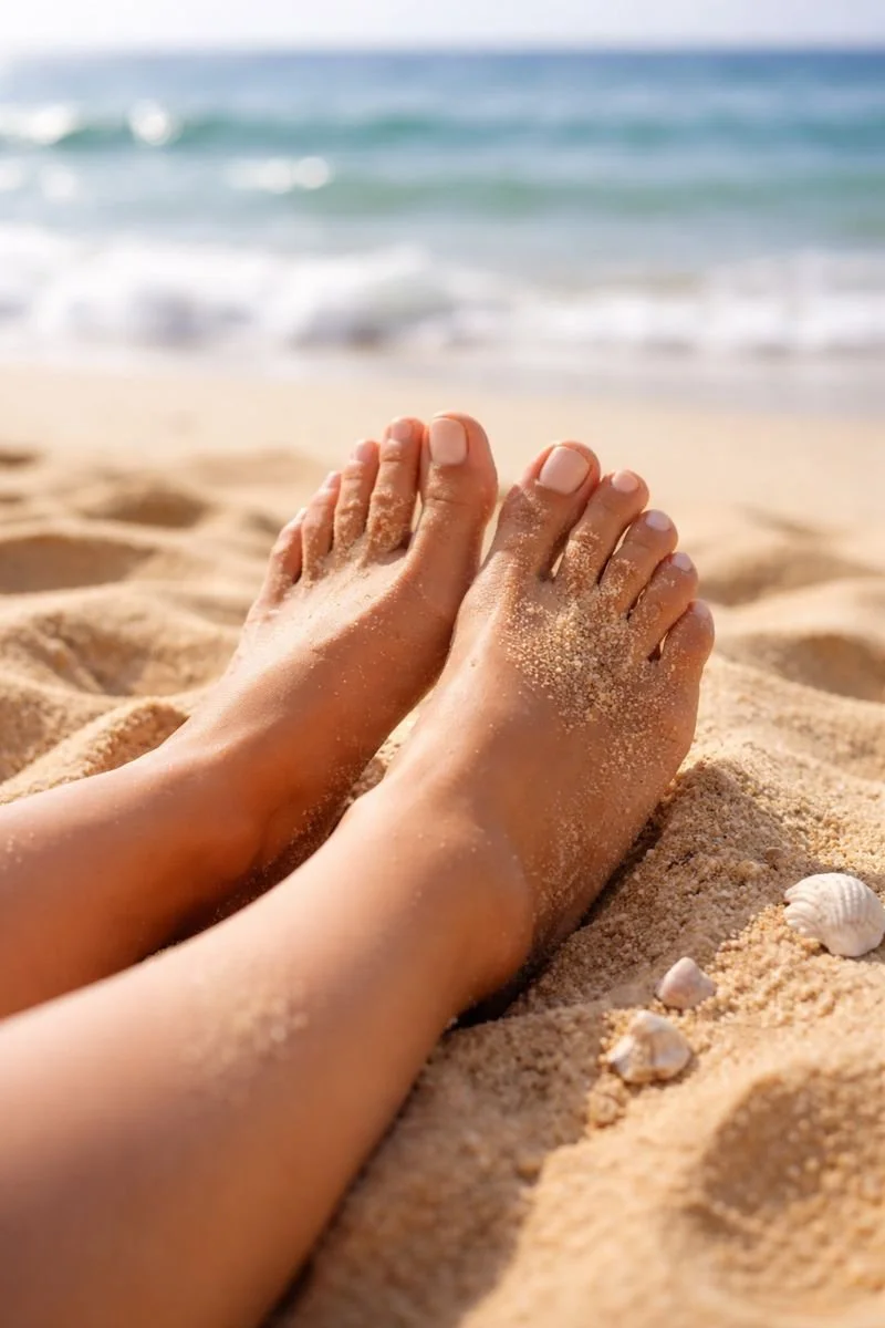 Close-up of sandy feet on a beach with the ocean and waves in the background.