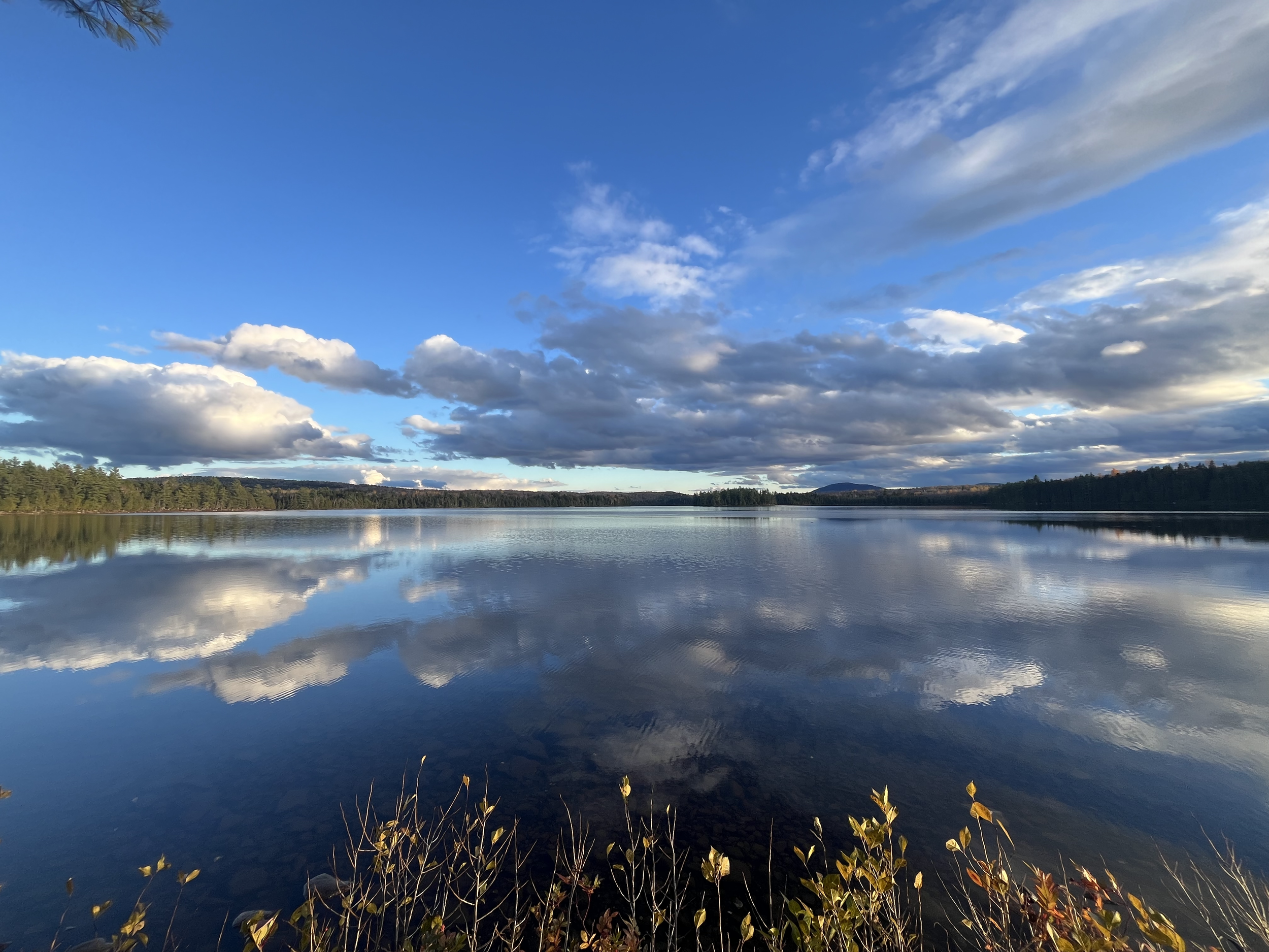 A serene lake with calm water reflecting a partly cloudy blue sky and distant treelines