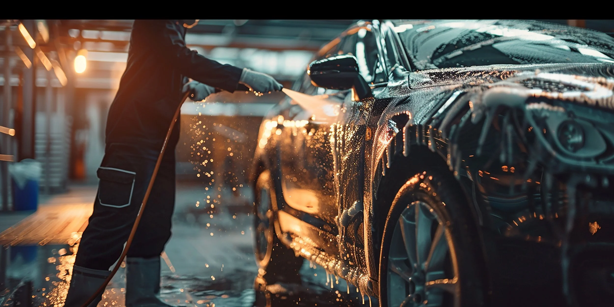 Person washing a black car with soap and water in a car wash facility.