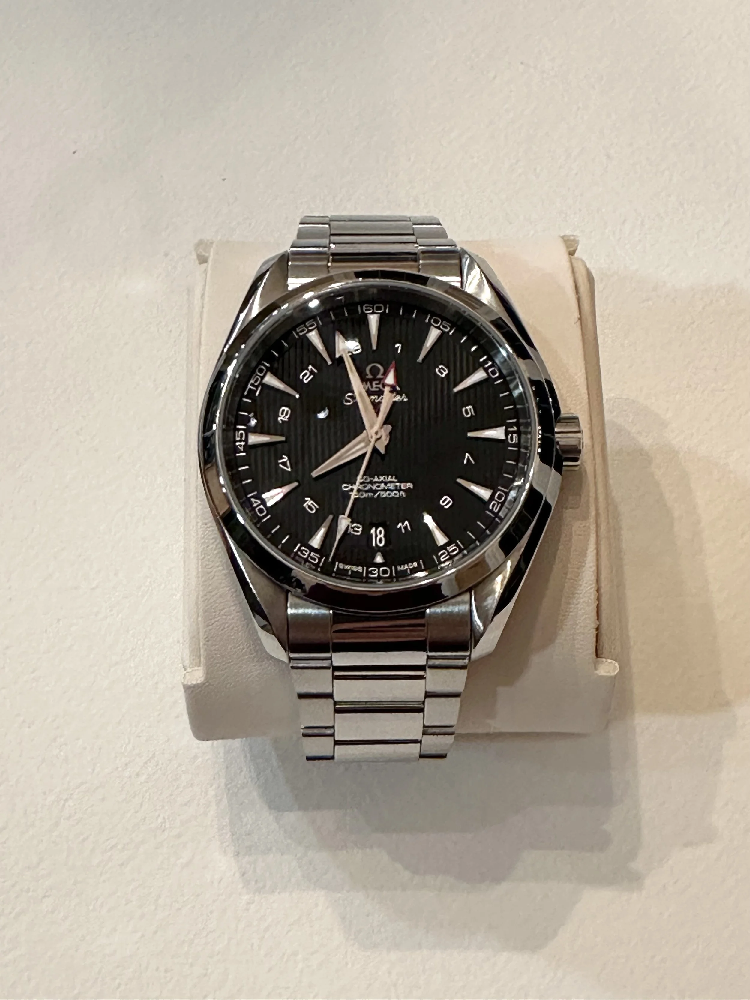 Omega Seamaster Aqua Terra GMT – 43 mm Stainless Steel · Black Teak Dial · Full Set · Unworn