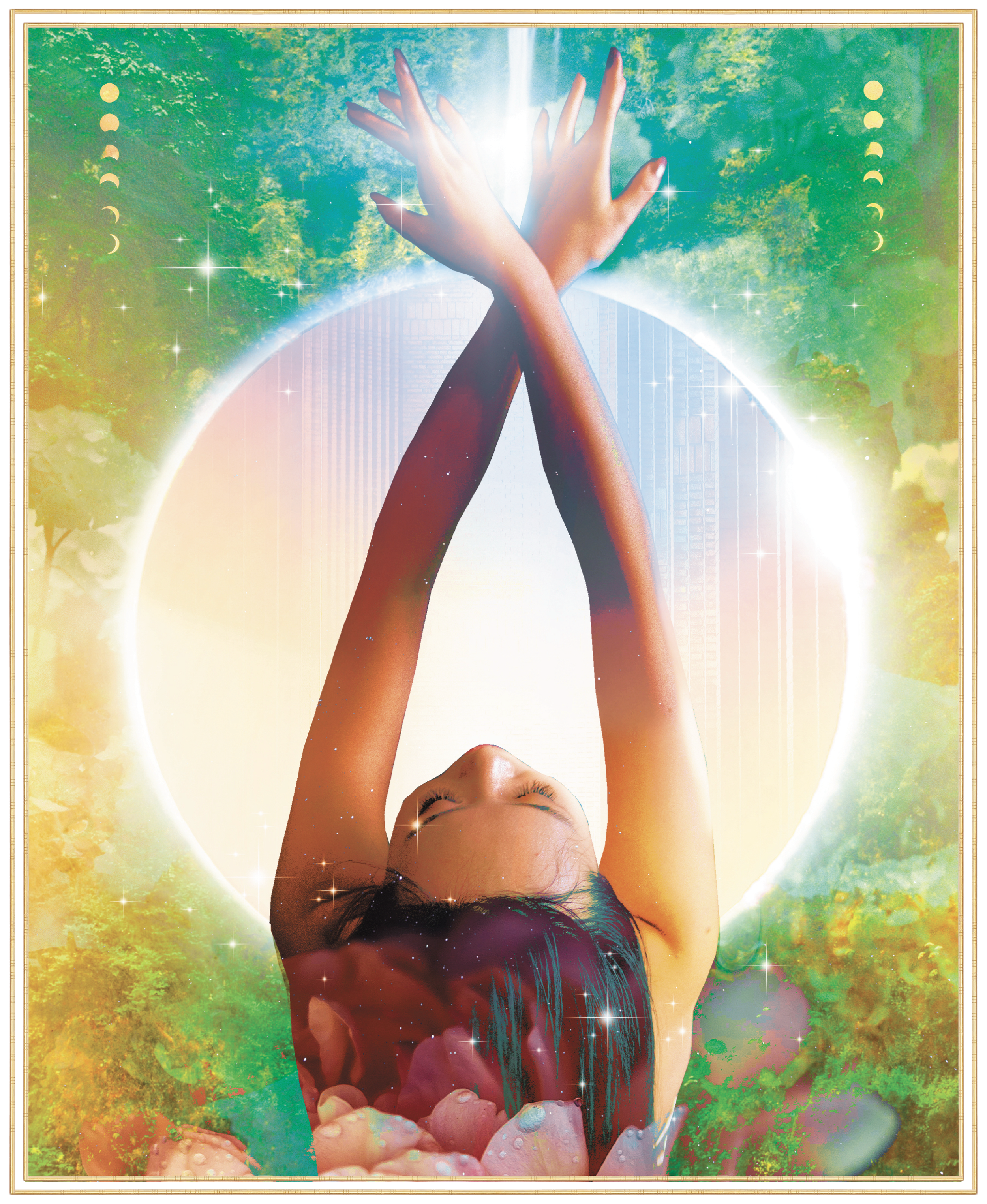 A woman with long dark hair is standing with her arms extended upwards and crossed, hands touching above her head. The background features a bright, glowing circle, star-like sparkles, and a lush green forest scene with trees and city skyscrapers. The image has a surreal, cosmic aesthetic with colorful, luminous effects.