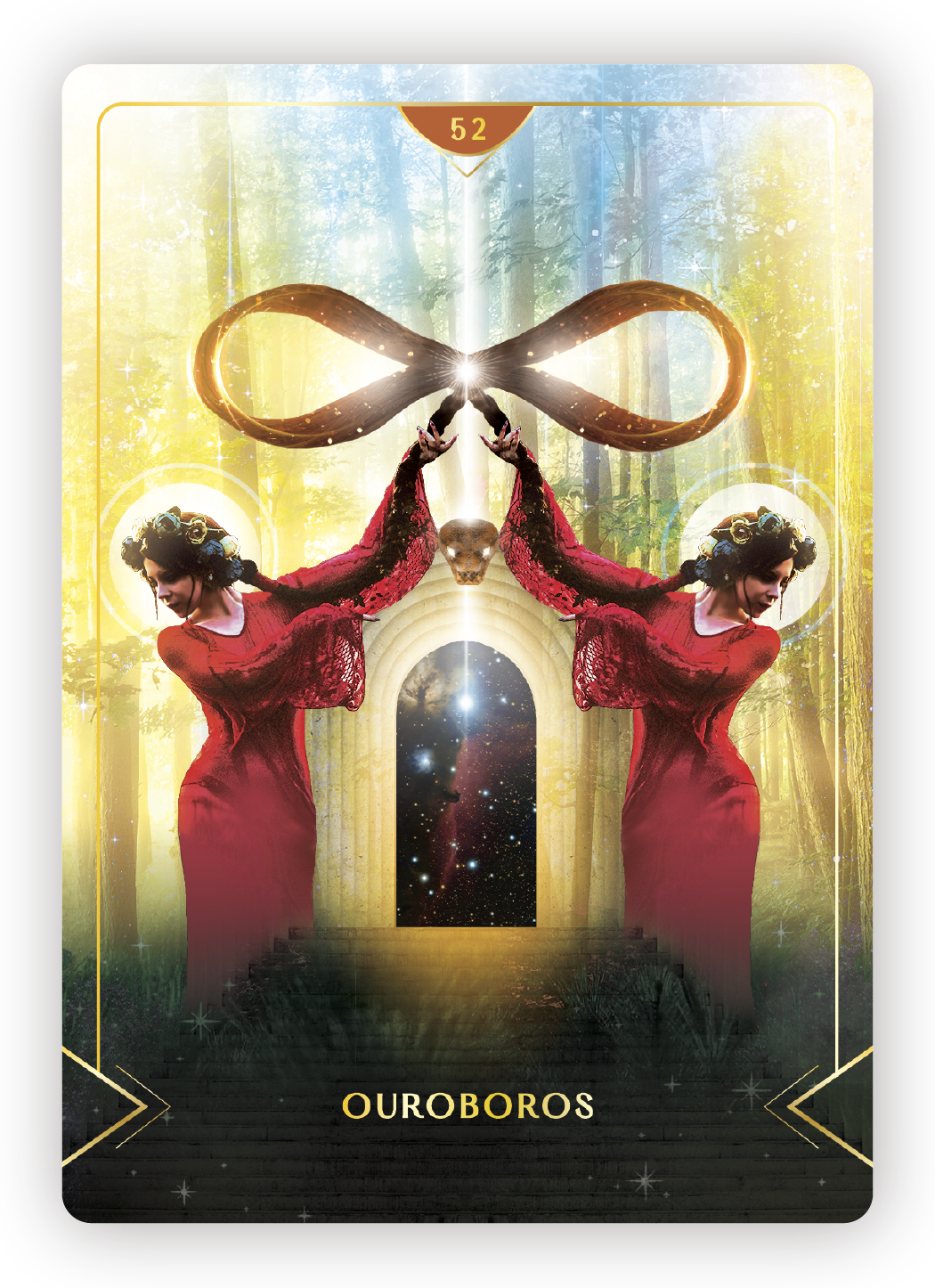 A surreal artwork featuring two women in red dresses with floral headpieces, standing in front of an ancient archway. They are holding a glowing infinity symbol above their heads. The background depicts a dense forest with sunlight filtering through 