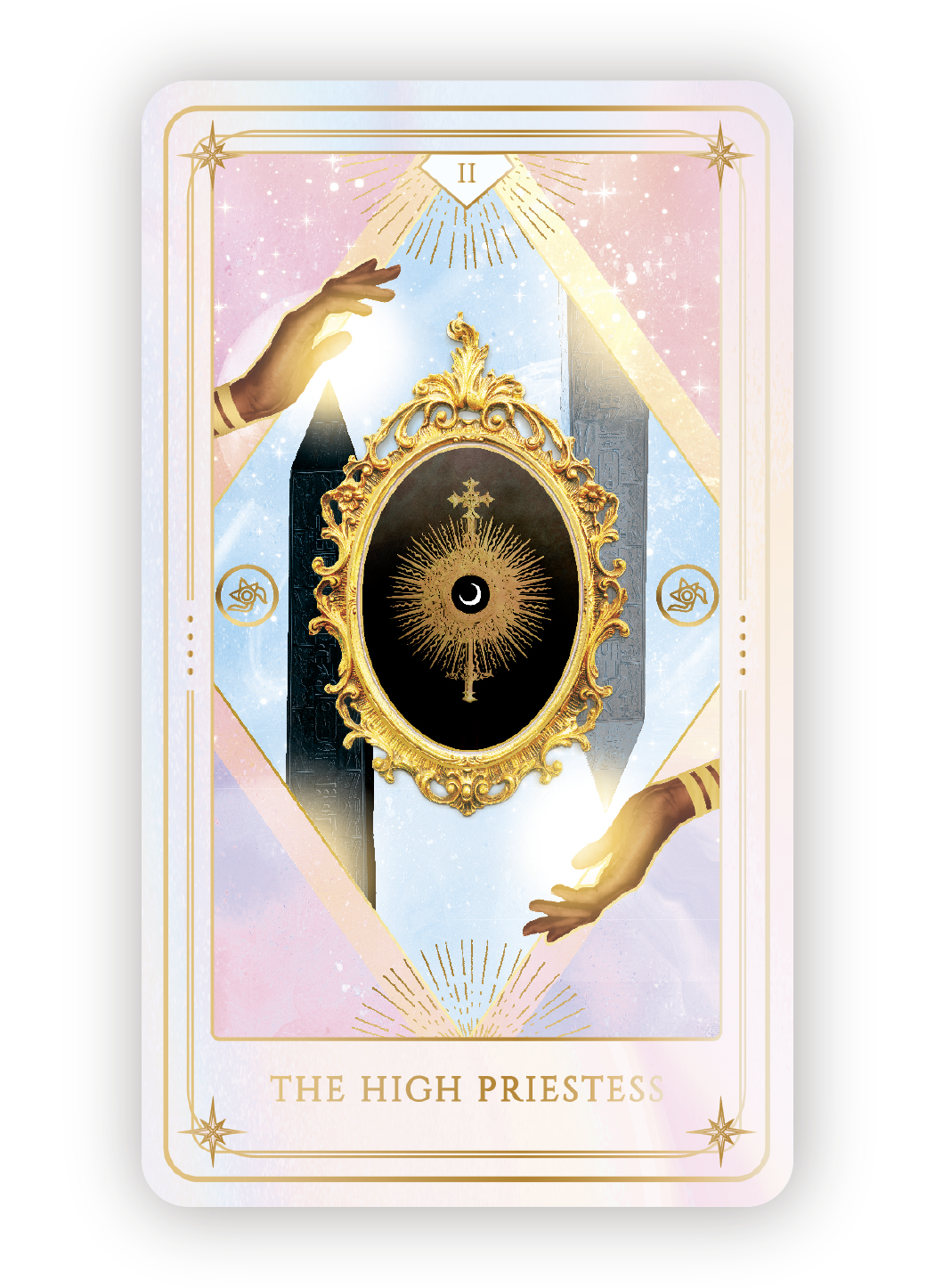 A tarot card titled "The High Priestess" featuring a mirror with a gold frame, two hands reaching toward it, and celestial symbols.