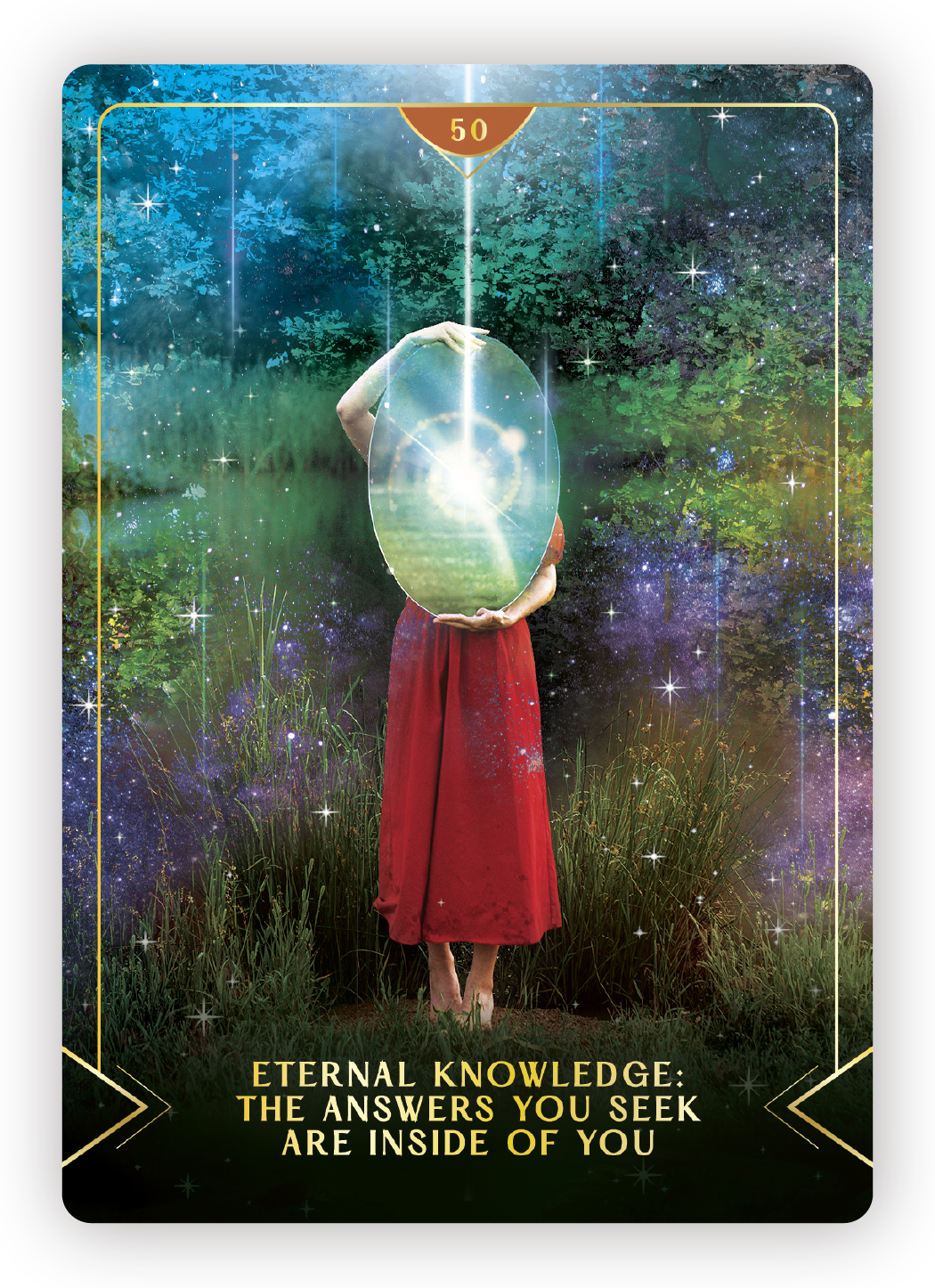 Mystical image of a woman in a red dress standing outdoors, holding a reflective oval mirror that reveals a glowing, starry sky, with sparkles and cosmic elements surrounding her. The overlay includes a quote: "Eternal knowledge: The answers you seek