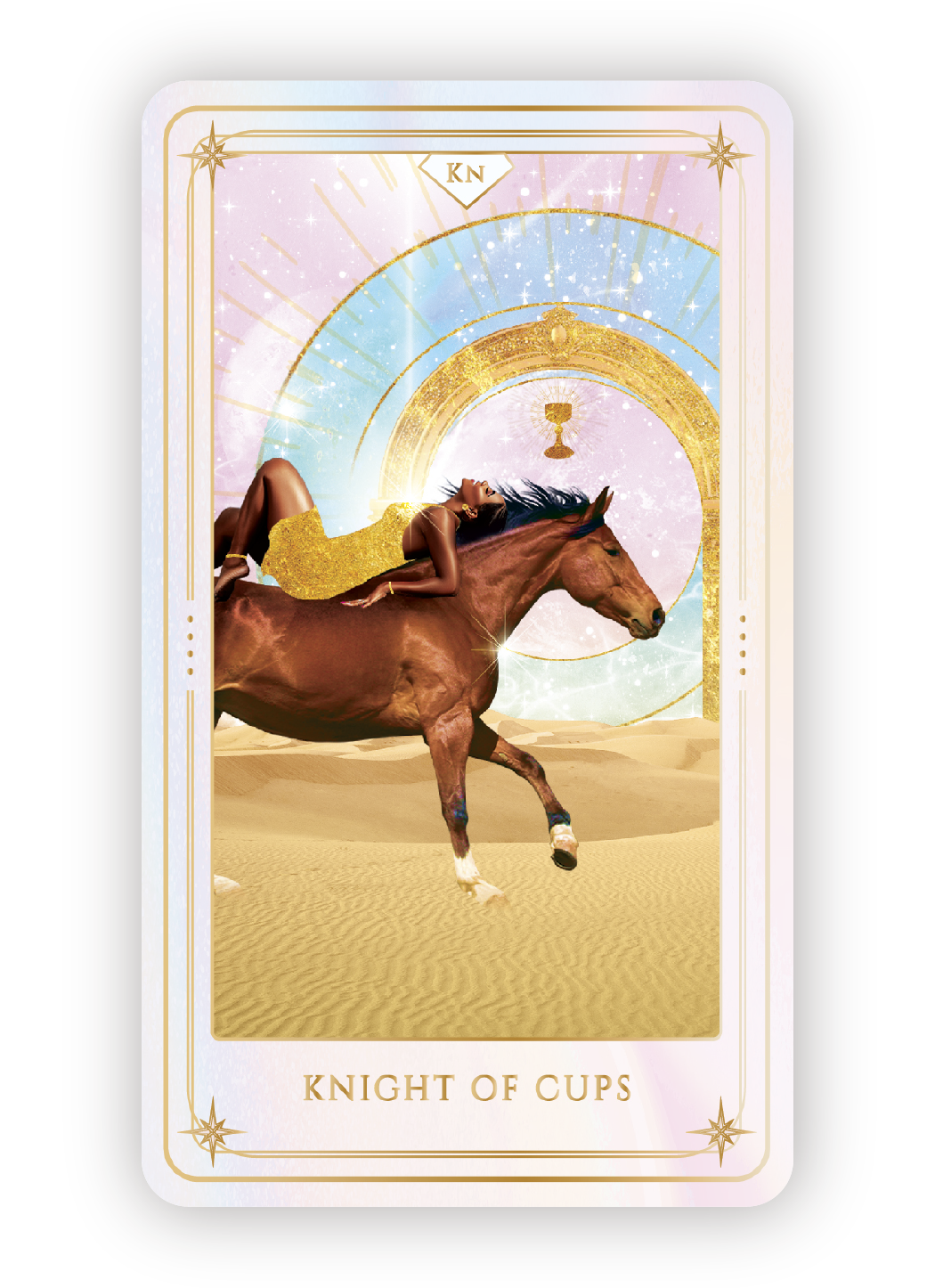 A tarot card titled 'Knight of Cups' features a woman in gold dress lying on a rearing brown horse in a desert with sand dunes. The background has celestial and geometric patterns with pastel colors, including pink, light blue, and gold accents.