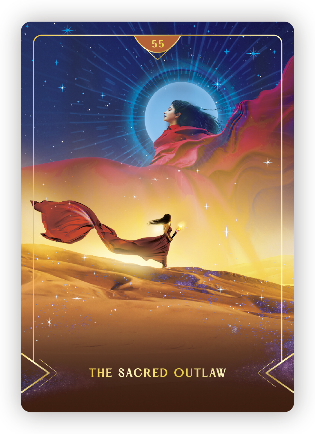 A fantasy scene of a woman in a red dress holding a glowing object, walking on desert sand with a large starry sky in the background. A giant face of a woman is depicted in the sky behind a glowing moon surrounded by radiant light.