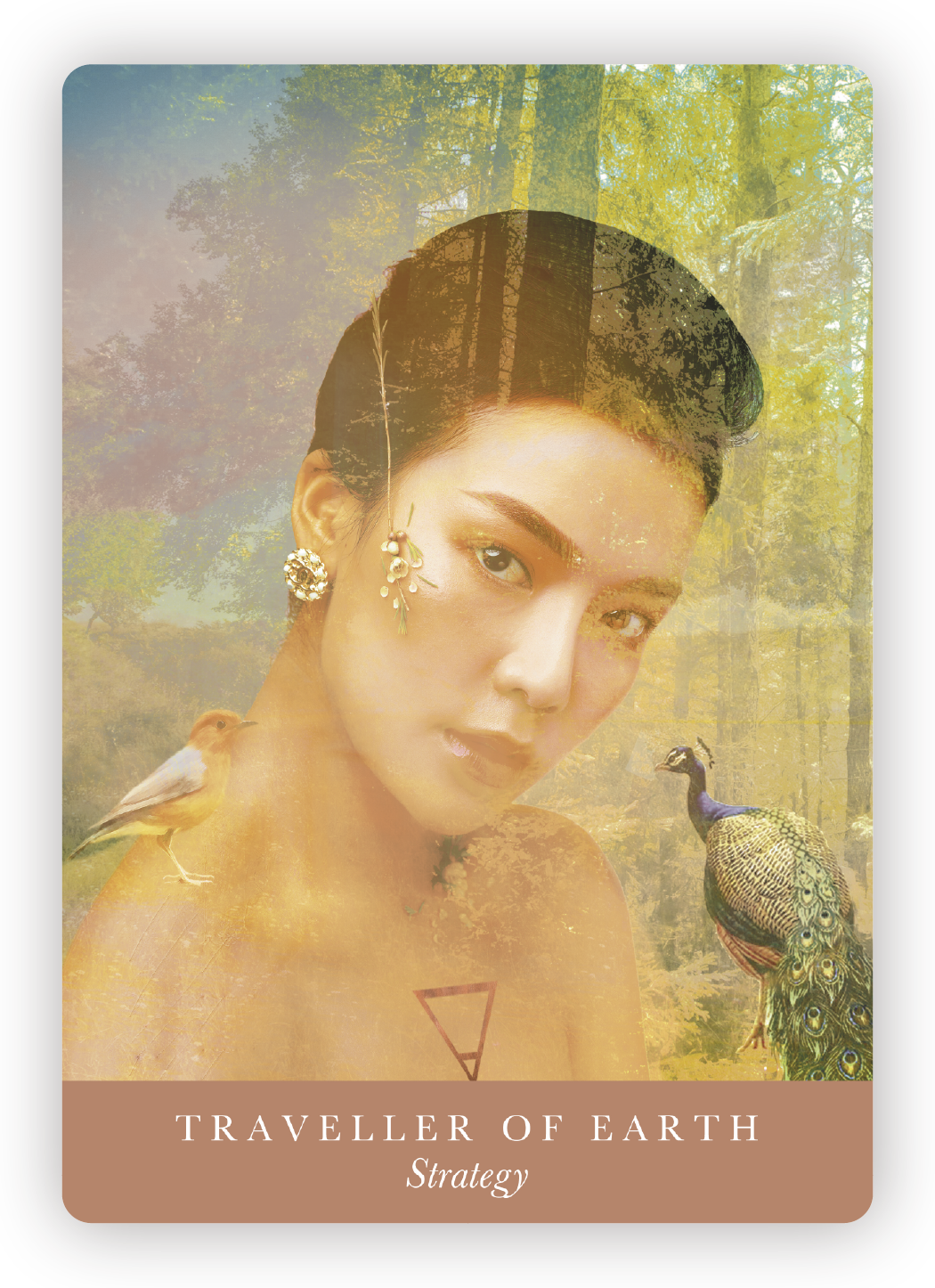 A mystical portrait of a woman with celestial and natural elements integrated into her appearance, including a forest background, a bird, and a peacock, with the text 'Traveller of Earth Strategy' at the bottom.
