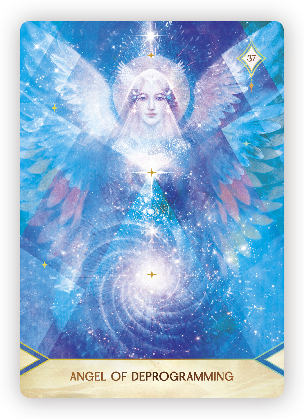 An ethereal, luminous angel with a human face, surrounded by a glowing halo and star-like sparkles, set against a cosmic blue background filled with stars and light.