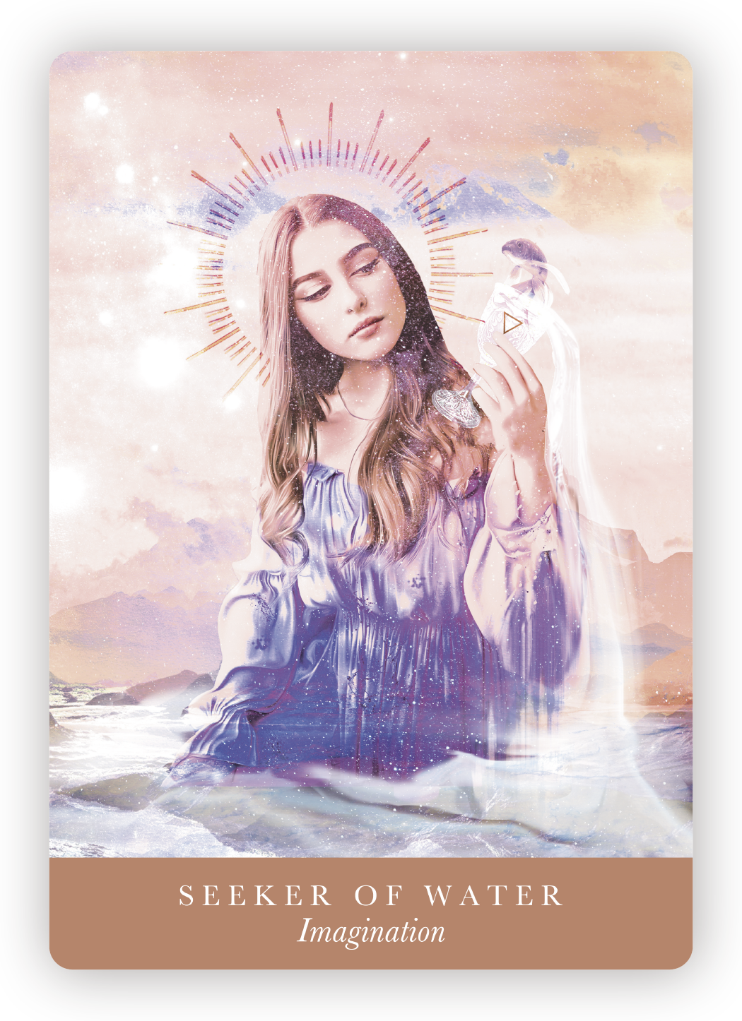 A digital art image of a woman with long hair, holding a phone, with a halo and stars around her head. The background features a dreamy sky, water, and mountain silhouettes. Text at the bottom reads 'Seeker of Water, Imagination.'